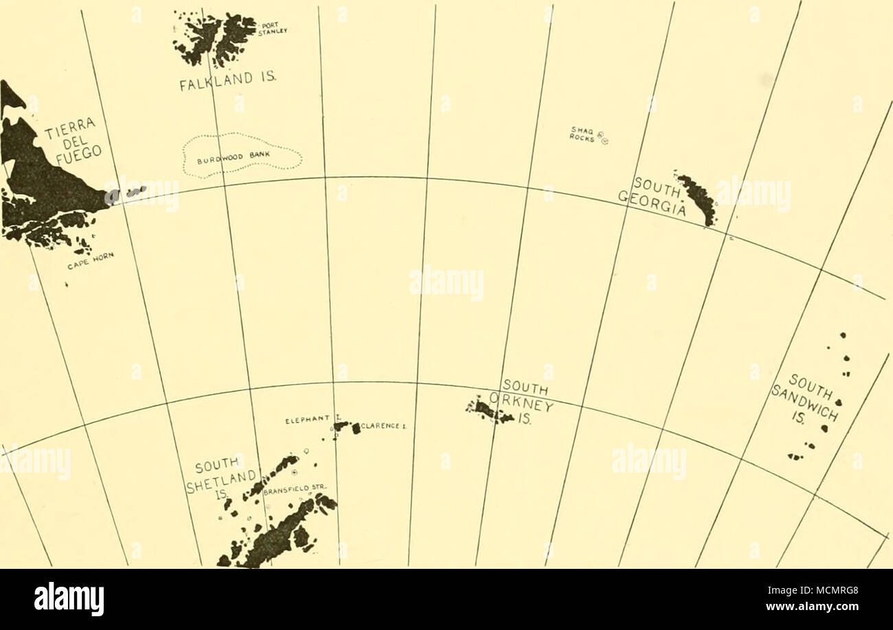 . Fig. I. Les îles Falkland et leurs dépendances. ^ Forster, dans son voyage autour du monde, 11, p. 536 (1777), dit : "d'épais nuages voilée de la partie supérieure de la montagne, mais un immense pic semblait s'élevant au-delà d'eux, recouvert de neige. Il a été convenu par toutes les personnes présentes que la hauteur perpendiculaire de cette montagne n'a pas pu être loin de deux kilomètres". Nous sommes redevables à M. H. R. Moulin pour un extrait d'un compte anonyme et non officiel du voyage de Cook, intitulé " Journal officiel de la résolution sur le voyage en 1772-75 la découverte à l'hémisphère Sud...". Il est daté du Banque D'Images