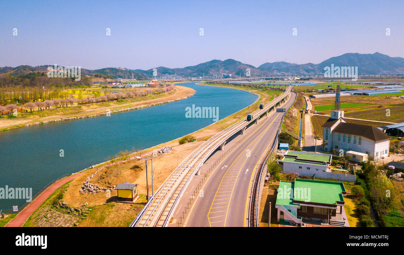 Vue aérienne de la baie de Suncheon Suncheon dans le Jardin international de la ville de Corée du Sud. Vue aérienne du drone. Banque D'Images