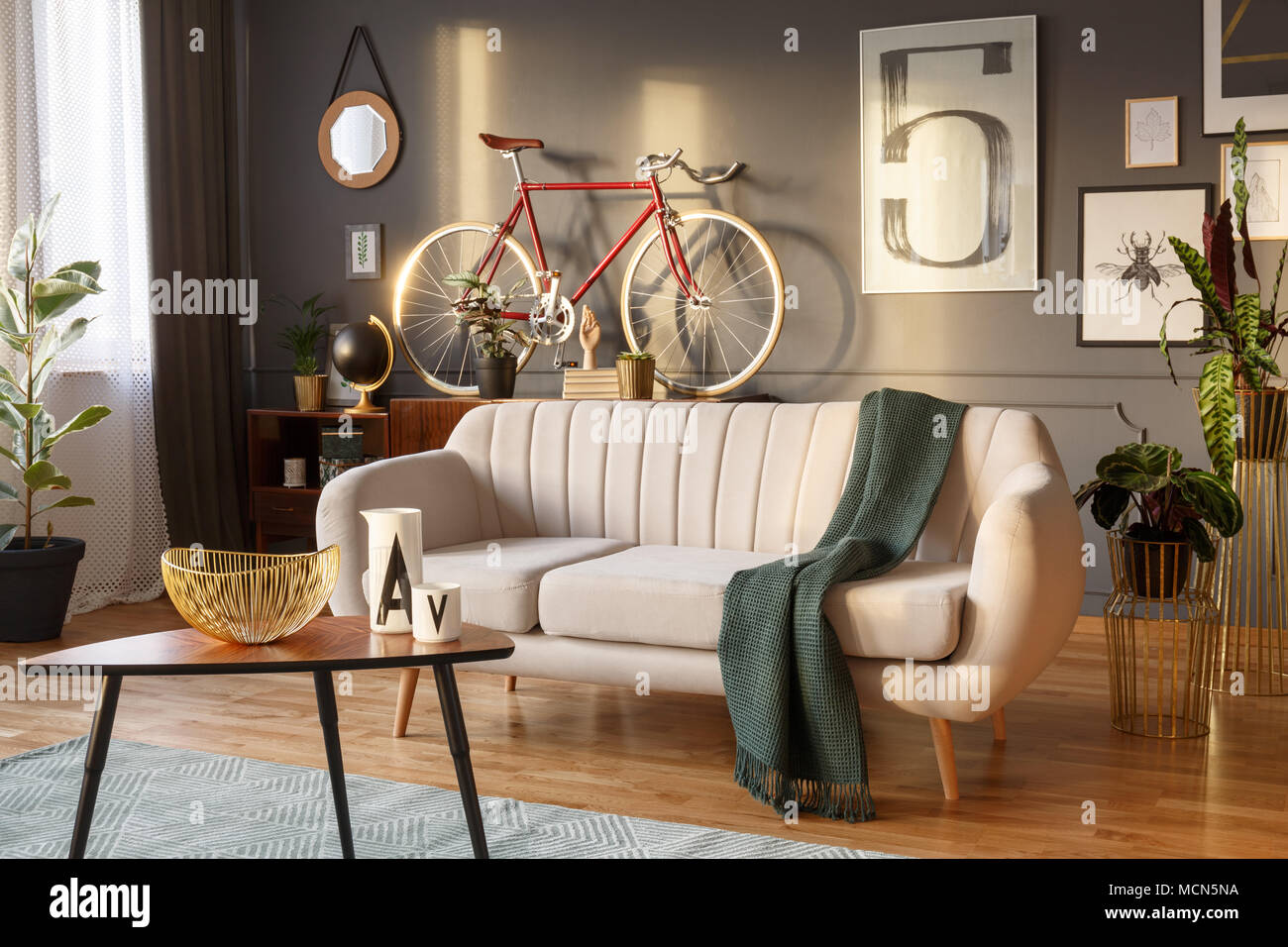 Canapé blanc avec une couverture de laine, table basse en bois et du vélo dans un salon intérieur gris Banque D'Images