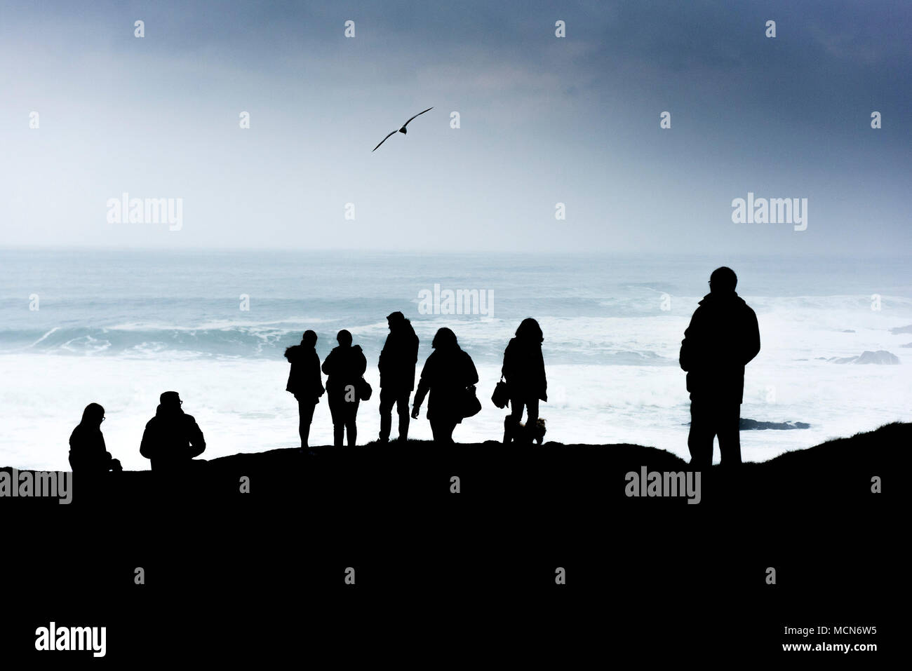 Un groupe de personnes vu en silhouette puisqu'elles se tiennent sur la côte donnant sur la mer. Banque D'Images