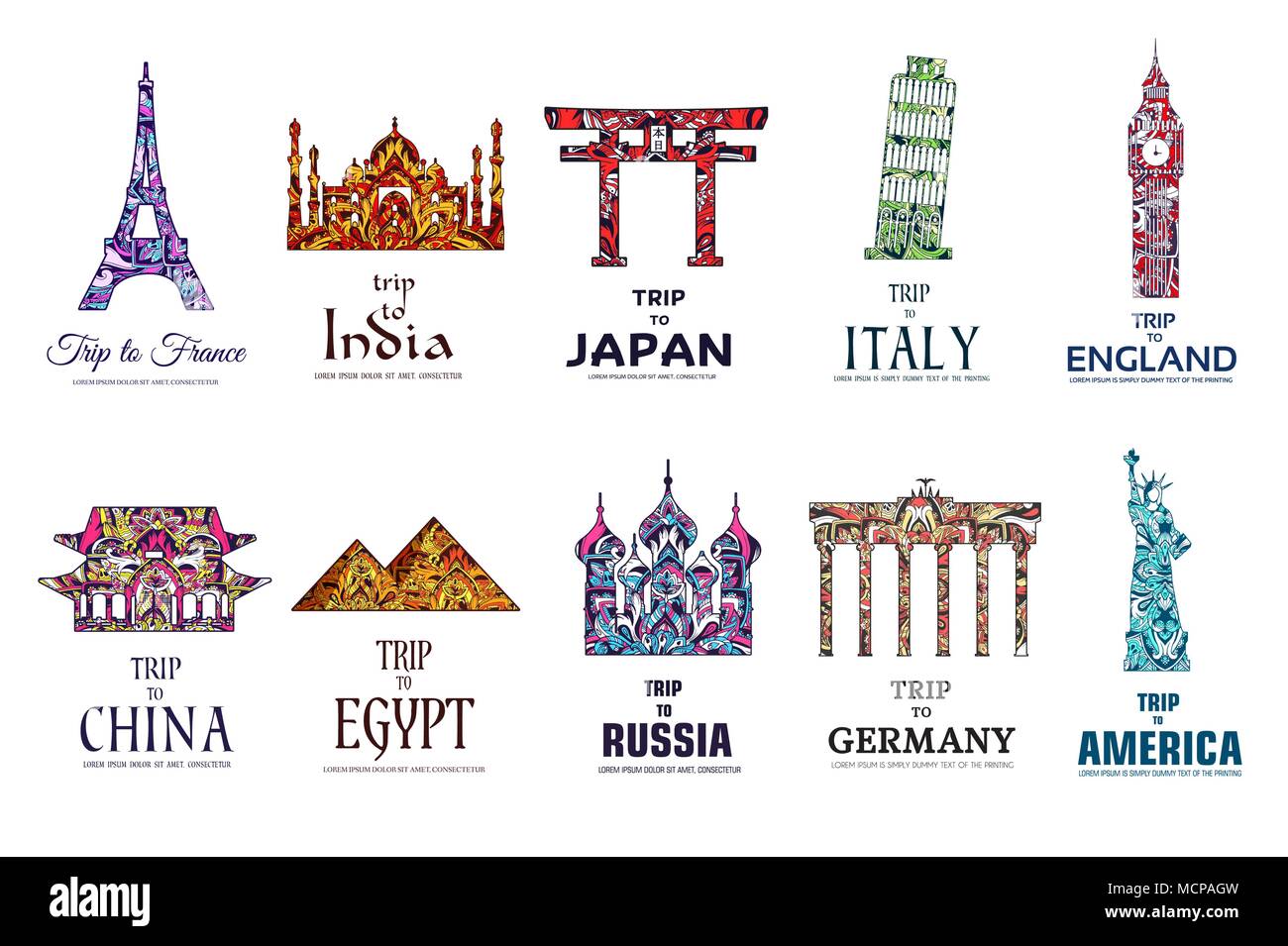 Ensemble de voyage sur l'ornement floral design style ethnique. Architecture art avec logo, étiquette. Monuments historiques de France, Inde, Japon, Chine, Egypte, Russie, Angleterre, Italie, France, Allemagne, Mexique Illustration de Vecteur