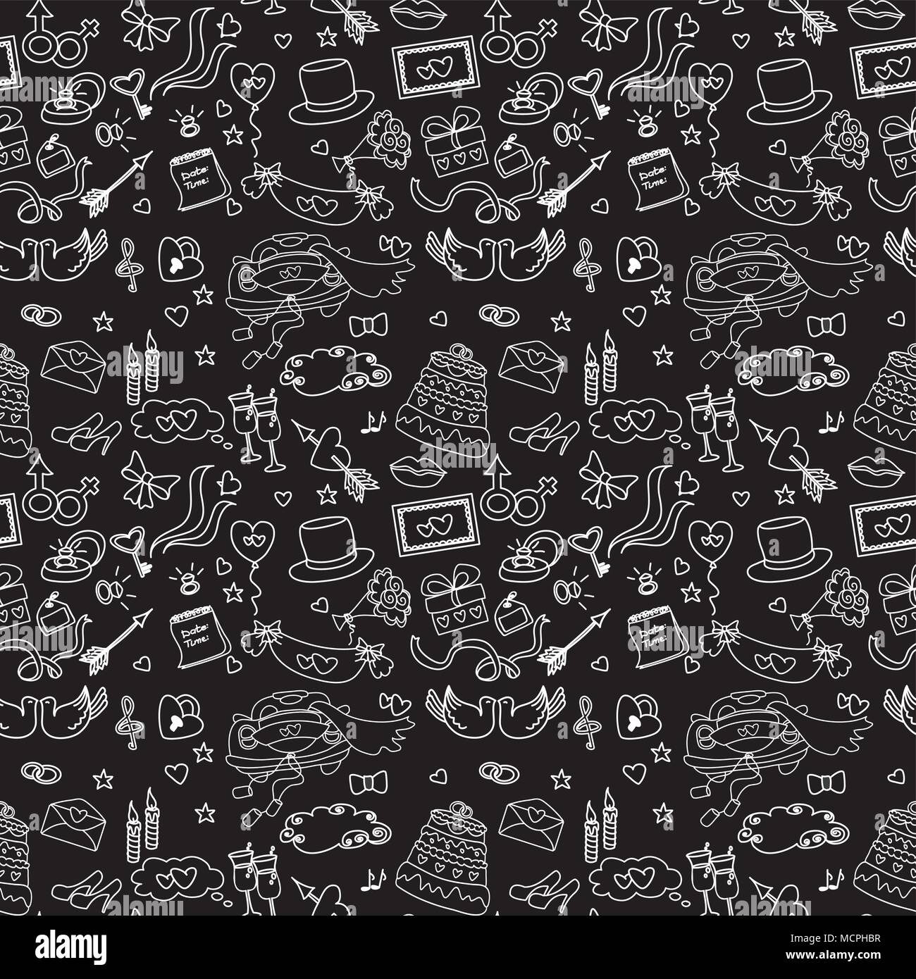 Éléments de mariage modèle homogène. Sur le fond noir, dessin à la main doodle, vector illustration Illustration de Vecteur