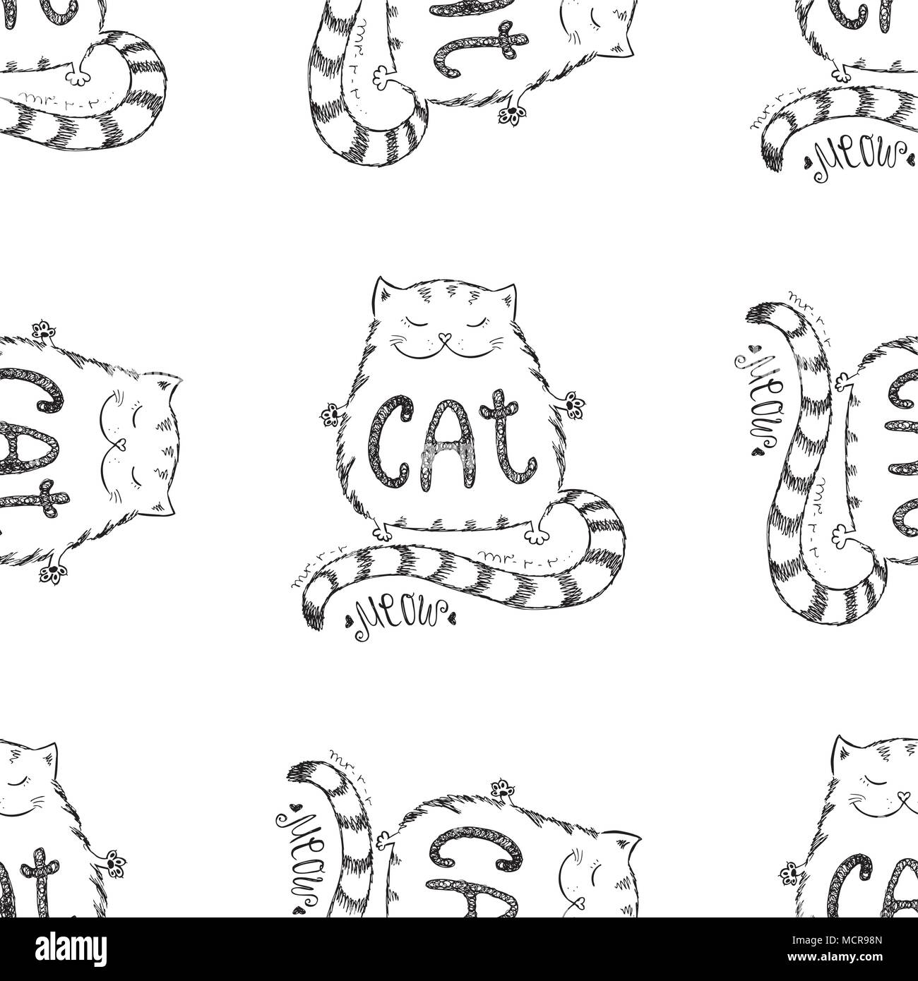 Chat mignon drôle, modèle sans couture à la main , stock vector illustration Illustration de Vecteur