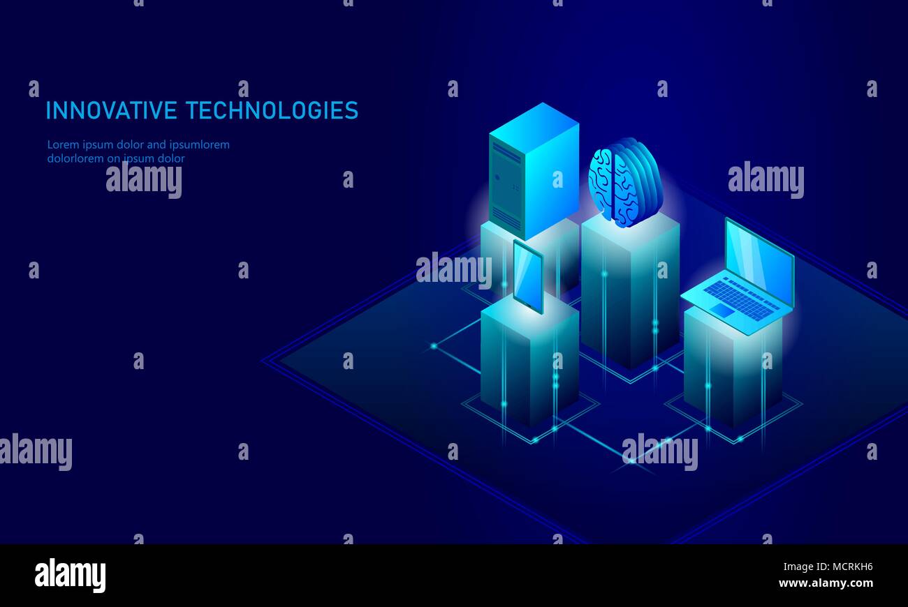 L'intelligence artificielle isométrique concept d'entreprise. Rougeoyant bleu connexion de données d'information personnelle isométrique smartphone pc technologie de l'avenir du cerveau humain. Vector illustration infographie 3D Illustration de Vecteur