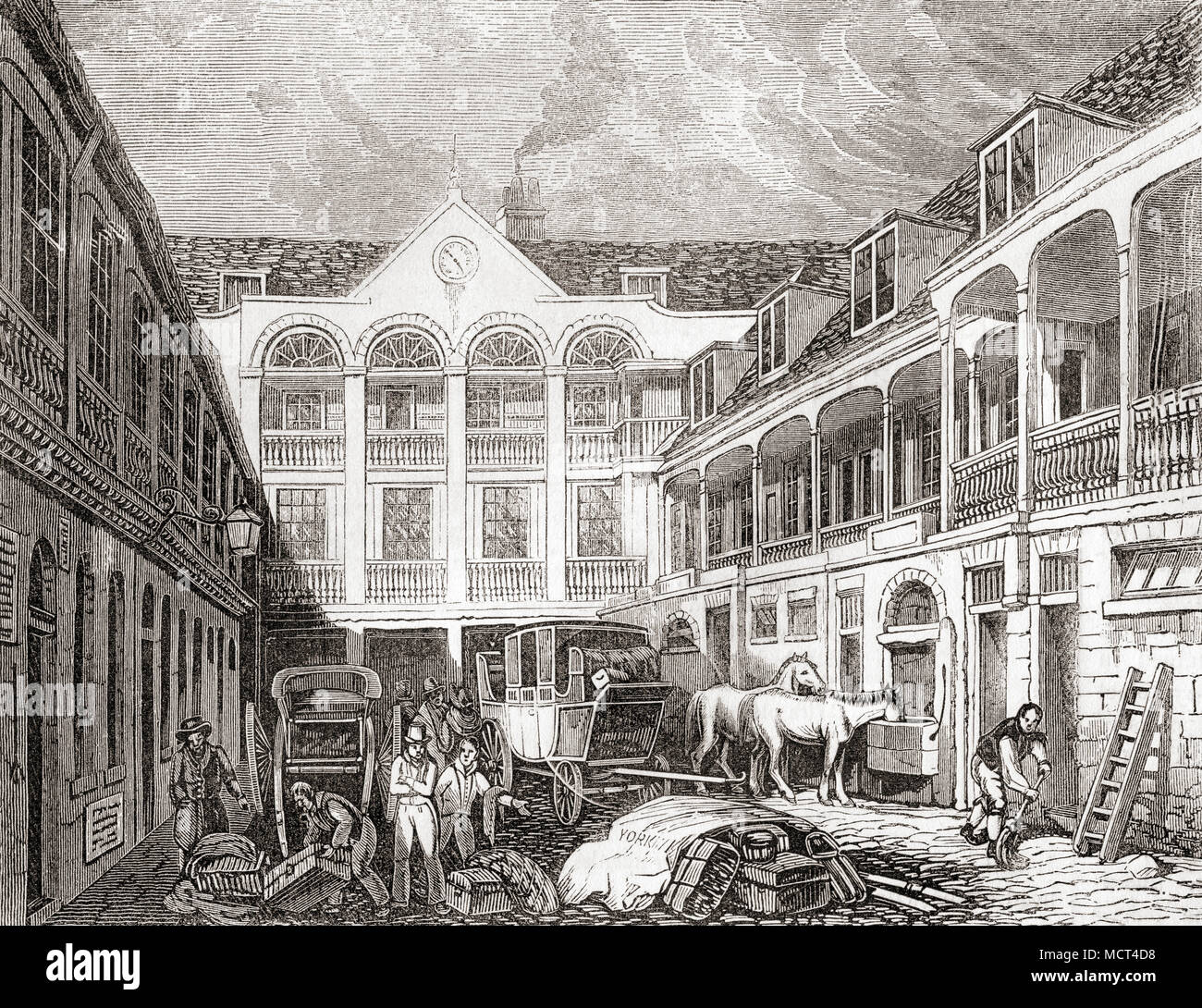 Le vieux George et Blue Boar Inn, Holborn, Londres, Angleterre, vu ici au début du 19e siècle. Une auberge médiévale, connu pour être le point d'arrêt pour les détenus sur leur chemin de la prison de Newgate à l'échafaud à Tyburn, ils arrêtent ici pour un dernier verre. À partir de la vieille Angleterre : A Pictorial Museum, publié 1847. Banque D'Images