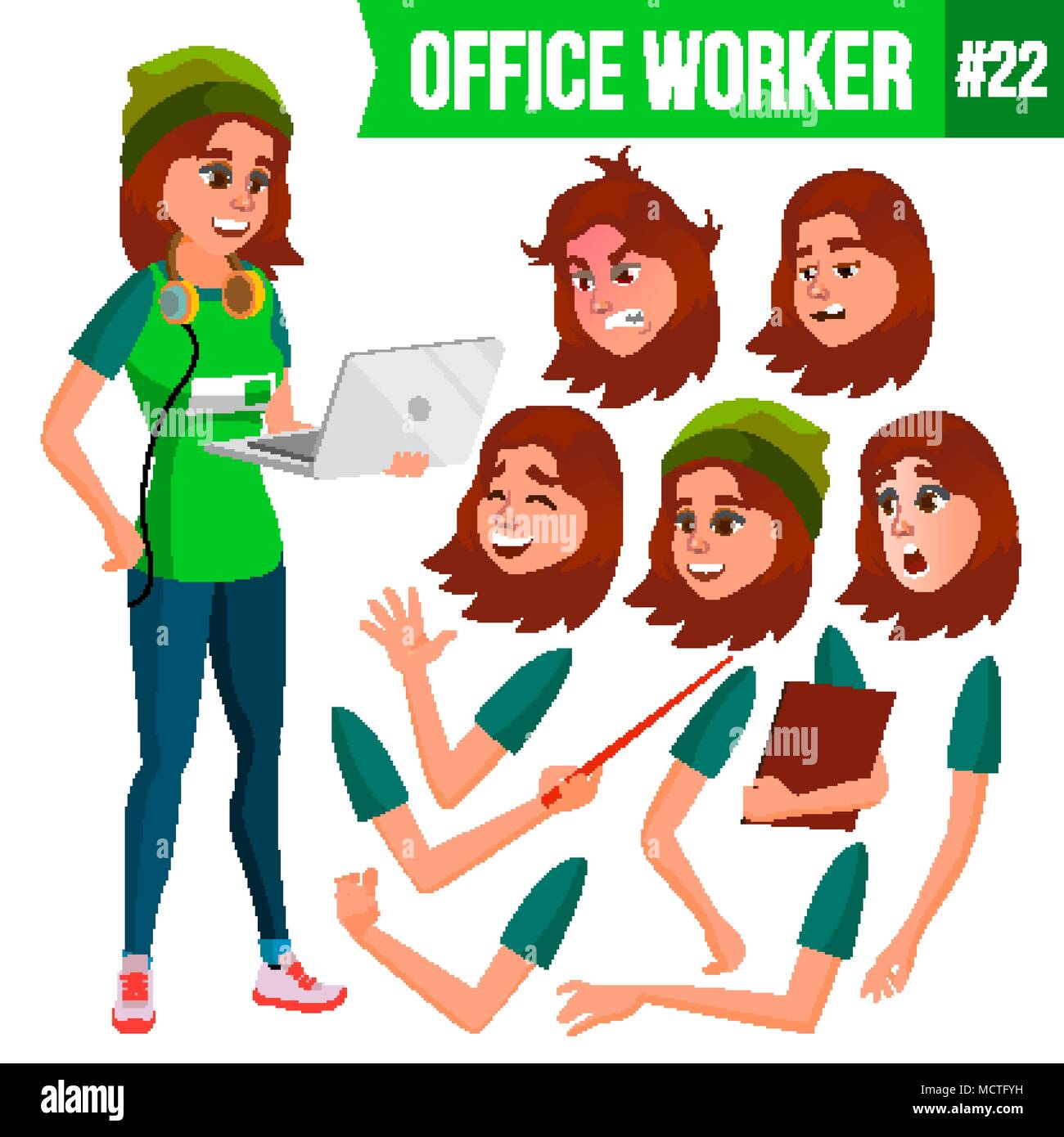 Office Worker vecteur. Femme. Les droits de l'homme. Dame Face Émotions, différents gestes. Création d'animation défini. Télévision Personnage isolé Illustration Illustration de Vecteur