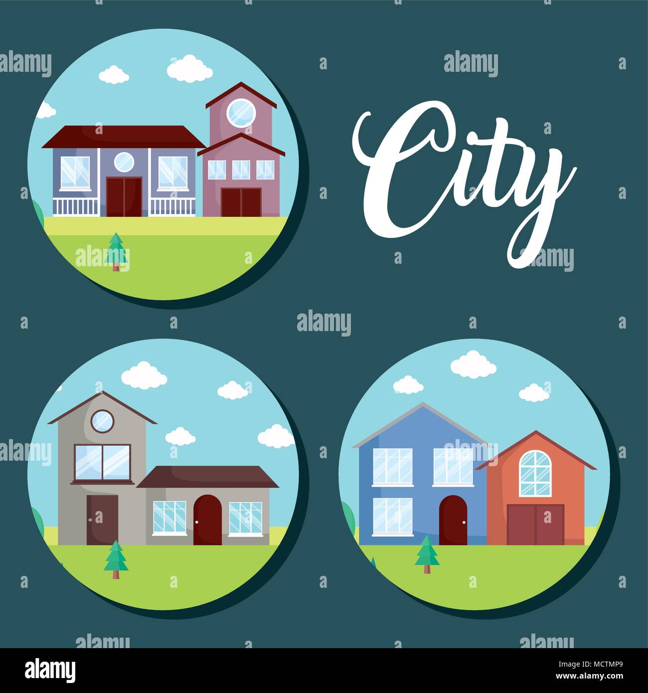 Icon Set de maisons modernes sur des cercles et fond bleu, vector illustration Illustration de Vecteur