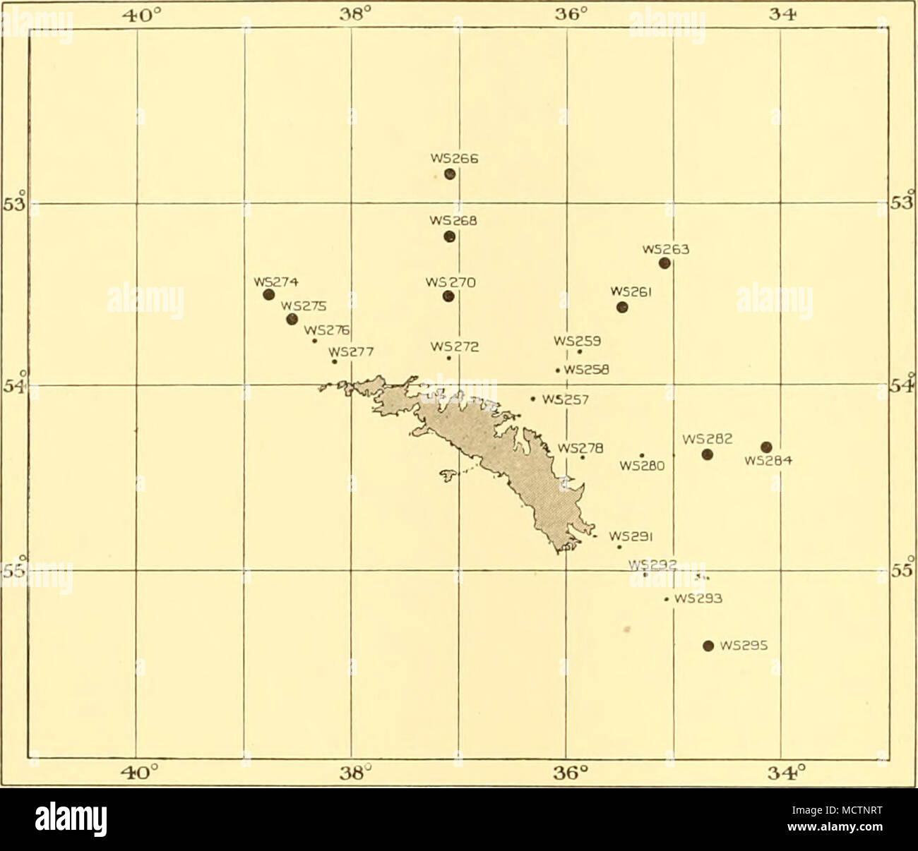 . Fig. 40. Répartition des jeunes Euphausia superba. Enquête sur la Géorgie du Sud (70 cm. traits de filet), Août-octobre 1928. 40Â° 38Â° 36Â° 3-*Â° â ¢ â 430 191 493 494 053 4S 488 53 487 492 â¢â ¢ 495 495 "7^ 479 480 483 â ¢ â ¢ 4B&amp ; â ¢ 46 500 â ¢ â ¢ S03 504 501 502 0 477 â ¢ 1 499 (..(J 506 BOS Â ¢ 55 525 524 518 ^1 9 507 511 55 528 S23 519 516 ft, â ¢ rr 5*0 ^S 3 508 52 515 514 r seo â ¢ 40Â° 38Â° 36Â° S-T" Fig. 41. Répartition des jeunes Euphausia superba, la Géorgie du Sud (70 cm. traits de filet), novembre-décembre 1930. Banque D'Images