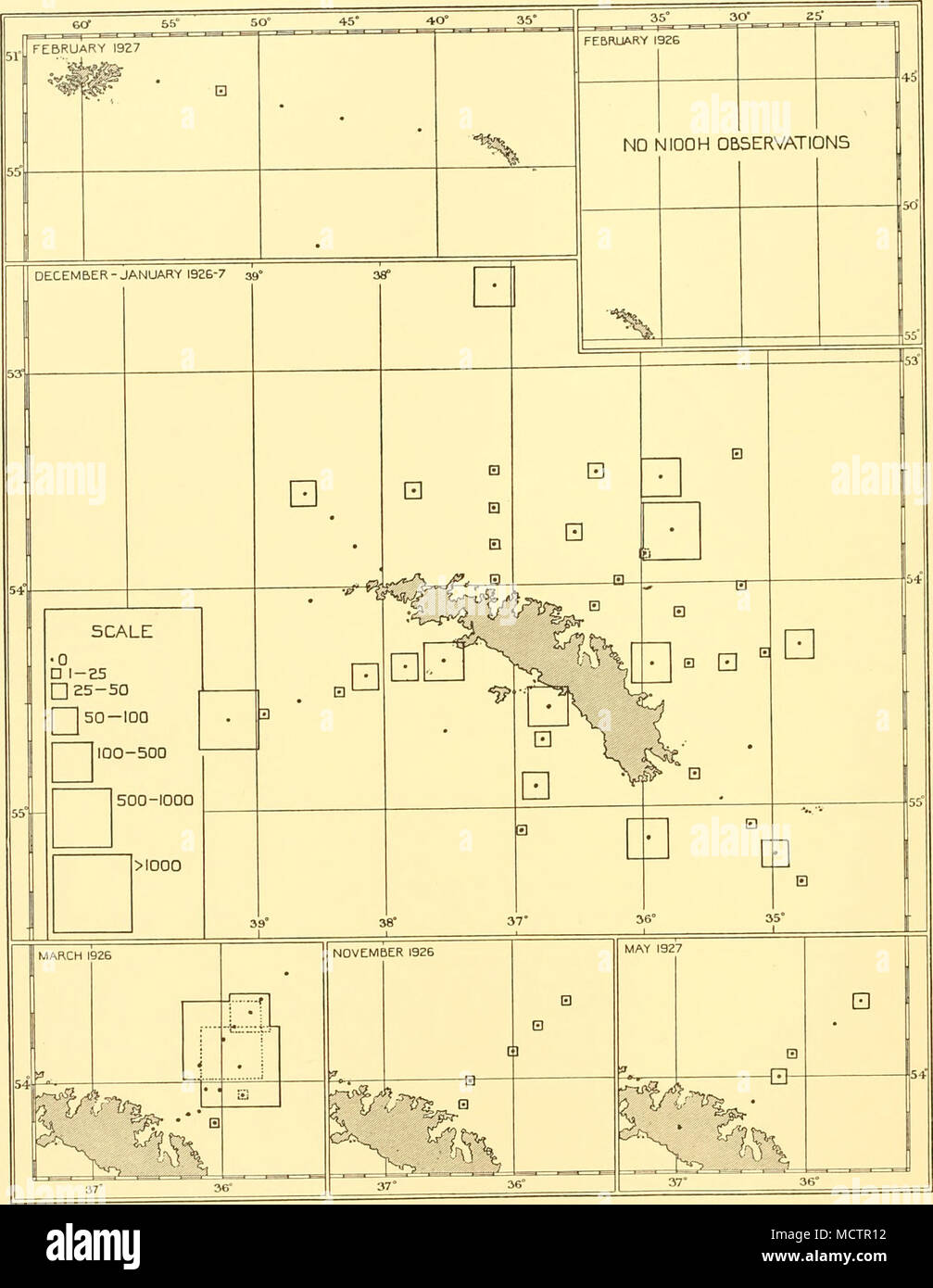 . Fig. 75. Des graphiques montrant la répartition des Pareuchaeta aux stations dans l'antarctique 1926-7 enquêtes. Les carrés représentent le nombre des prises dans trois N 100 H de moustiquaires remorqué sur un mille à environ 5&gt ; 60 et 120 m. de profondeur respectivement. Pour les conditions hydrologiques et de phytoplancton voir Figs. 2, 6, 7, 8, 38, 39 et 41. Banque D'Images