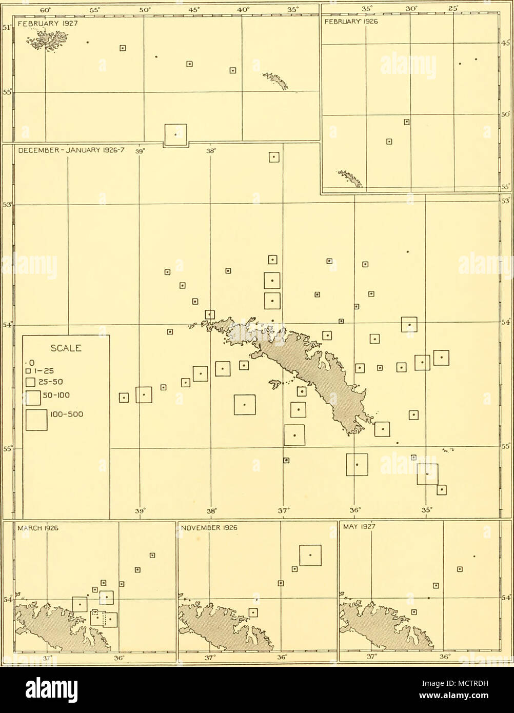 . Fig. 52. Des graphiques montrant la répartition des Pelagobia et jeunes polychètes (Pelagobia principalement) dans les couches supérieures de l'eau aux stations dans l 1926-7 enquêtes. Les carrés représentent le nombre moyen par 50 m. distance verticale avec N 70 V à partir de filets de 250 m. (Ou moins à des stations d'eau peu profonde) à la surface. Pour l'hydro- logique et conditions du phytoplancton voir Figs. 2, 6, 7, 8, 38, 39 et 41. Banque D'Images