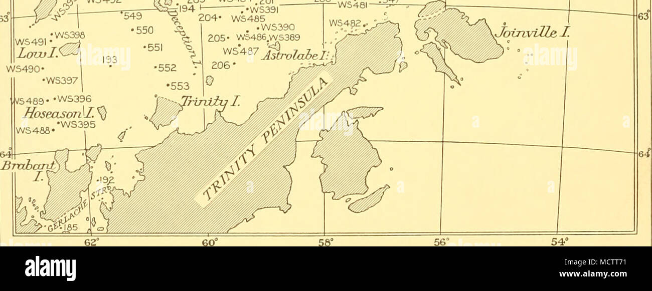 . Lignes Fig. 1. Organigramme de la détroit de Bransfield montrant des postes d'affectation. Détroit de Bransfield et les mers voisines par les différents navires de la découverte, c.-à-d. le R.R.S. 'Découverte', le R.R.S. 'William Scoresby' et le R.R.S. II 'Découverte'. Au total, plus d'une centaine de stations ont été prises par ces navires dans la région du détroit de Bransfield. Les sondages à ces stations, la plupart du temps obtenu par l'utilisation de la machine de sondage Lucas, ont été considérablement augmenté par plus de 1400 sondages-echo prise par le R.R.S. ' II découverte'. Ainsi, en combinant toutes les informations à portée de main un accu Banque D'Images
