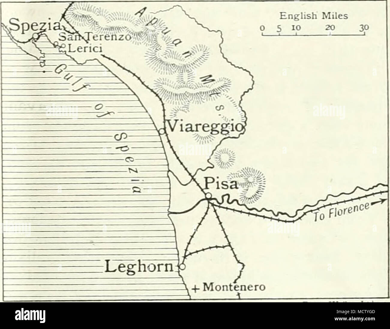 . Eraeiy Walker Ltd. sc. Carte DU GOLFE DE SPEZIA. et pour plusieurs autres raisons ; l'état dangereux de Mary Shelley's health ; un fort attachement à Jane Williams, qu'il avait à contrôler en raison de sa fidélité à son épouse et de son ami. Au cours des derniers mois de sa vie, il a été con- troublé constamment par des rêves et des visions. Le 6 mai, quelques jours après la mort d'Allegra, il marchait sur la terrasse de la Casa Magni, " observer " en compagnie de Williams  = "l'effet de l'moonshme sur les eaux", lorsqu'il est devenu très agité et " a déclaré qu'il a vu aussi clairement Banque D'Images