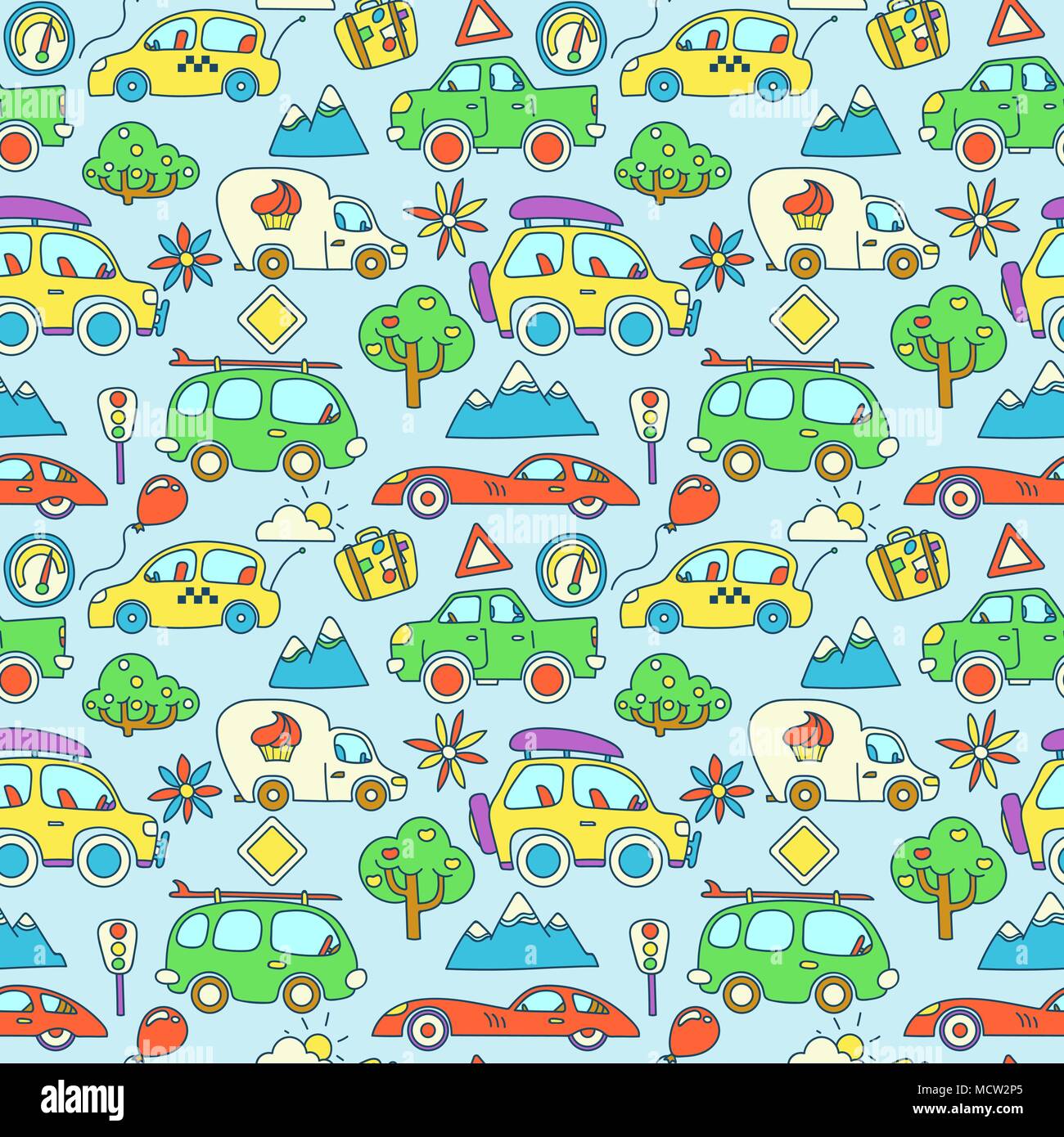 Couleur vectoriel continu avec motif stylisé voitures cartoon pour les enfants Illustration de Vecteur