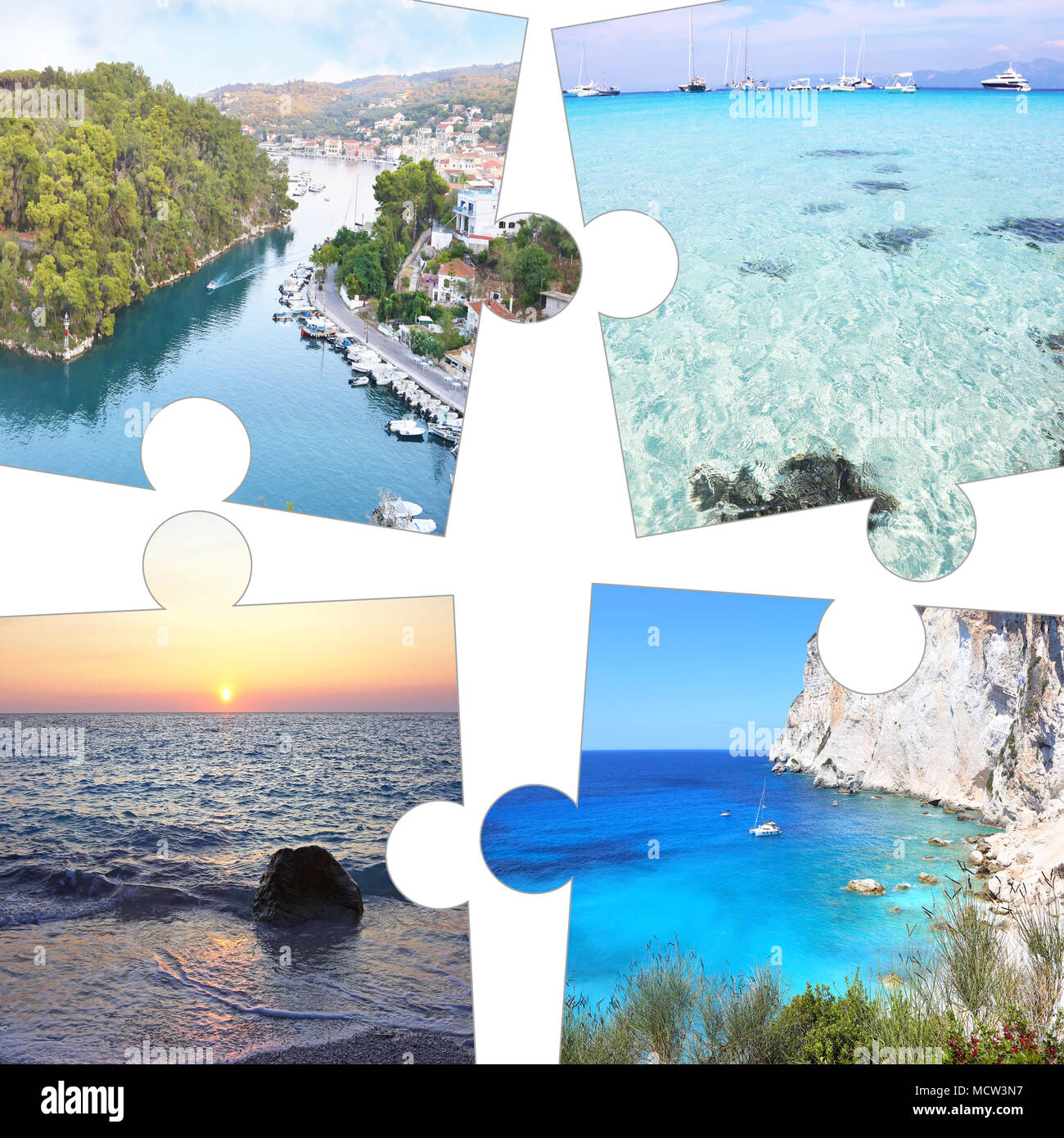 Photo collage en pièces de puzzle de Paxos et Antipaxos Îles Ioniennes Grèce Banque D'Images