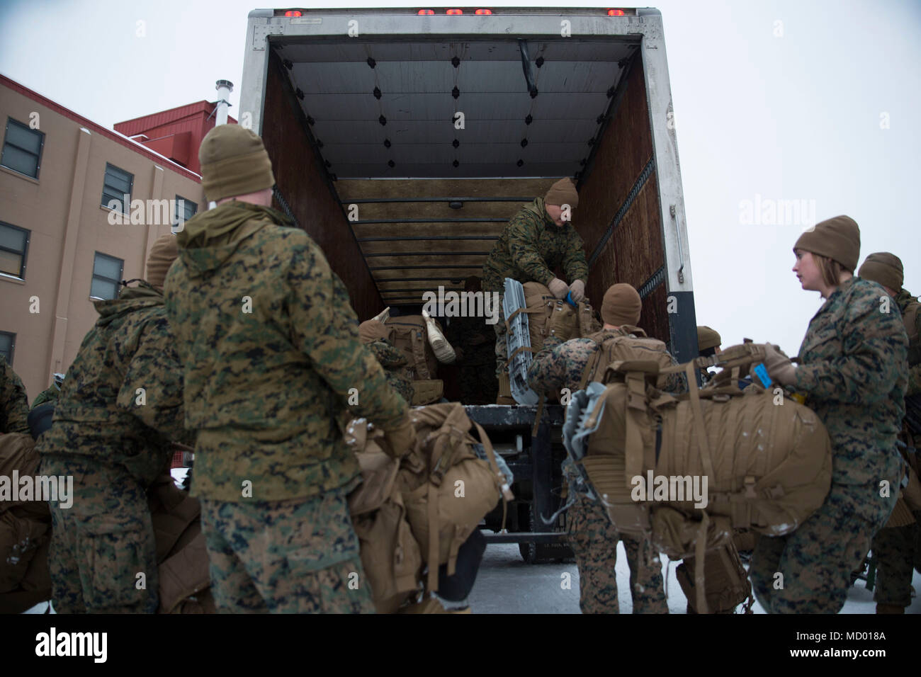 Marines avec la Force Arctic Edge charger un pack-truck at Joint Base Elmendorf-Richardson en Alaska, lors d'un mouvement dans le cadre de la composante terrestre de la Force interarmées dans le cadre de l'exercice Arctic Edge 18. Comme l'JFLCC pour l'exercice de l'armée américaine de l'Alaska est l'administration centrale responsable de la commande et le contrôle de toutes les forces participant à l'exercice. Arctic Edge 2018 est un exercice biennal, à grande échelle, l'exercice multinational interarmées qui prépare et teste la capacité de l'armée américaine à exploiter tactiquement dans le froid extrême-conditions météo trouvés dans les milieux arctiques. Sous l'autorité de Banque D'Images