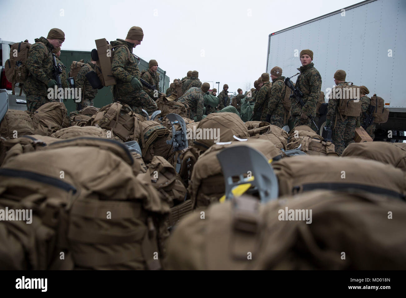 Marines avec la Force Arctic Edge déplacer packs à Joint Base Elmendorf-Richardson en Alaska, lors d'un mouvement dans le cadre de la composante terrestre de la Force interarmées dans le cadre de l'exercice Arctic Edge 18. Comme l'JFLCC pour l'exercice de l'armée américaine de l'Alaska est l'administration centrale responsable de la commande et le contrôle de toutes les forces participant à l'exercice. Arctic Edge 2018 est un exercice biennal, à grande échelle, l'exercice multinational interarmées qui prépare et teste la capacité de l'armée américaine à exploiter tactiquement dans le froid extrême-conditions météo trouvés dans les milieux arctiques. Sous l'autorité de la No Banque D'Images