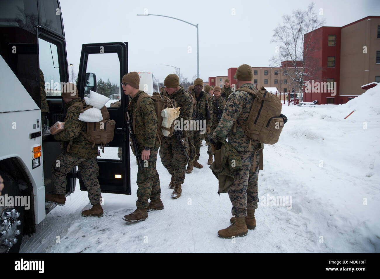 Marines avec la Force Arctic Edge chargez sur un bus à Joint Base Elmendorf-Richardson en Alaska, lors d'un mouvement dans le cadre de la composante terrestre de la Force interarmées dans le cadre de l'exercice Arctic Edge 18. Comme l'JFLCC pour l'exercice de l'armée américaine de l'Alaska est l'administration centrale responsable de la commande et le contrôle de toutes les forces participant à l'exercice. Arctic Edge 2018 est un exercice biennal, à grande échelle, l'exercice multinational interarmées qui prépare et teste la capacité de l'armée américaine à exploiter tactiquement dans le froid extrême-conditions météo trouvés dans les milieux arctiques. Sous l'autorité de t Banque D'Images