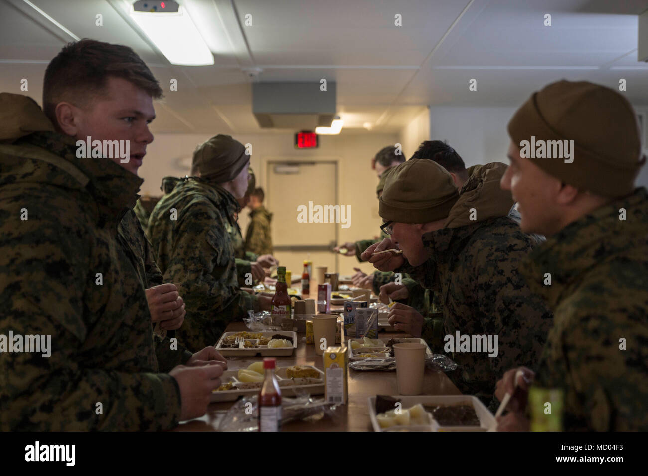 Marines avec la Force Arctic Edge manger soir chow à Fort Greely, en Alaska, le 11 mars 2018 lors de l'exercice Arctic Edge 18. Manger régulièrement et de rester hydratées dans un environnement en temps froid permet aux Marines pour rester en bonne santé et de remplir leur mission. Arctic Edge 18 est une bi, à grande échelle, de l'exercice de formation qui prépare et teste la capacité de l'armée américaine pour l'exploitation dans le plan tactique par temps froid extrême conditions trouvées dans les milieux arctiques avec plus de 1500 participants de l'Armée de l'air, de l'armée, de la Garde côtière, Marine Corps, et de la marine en utilisant l'unique et large d'un air Banque D'Images