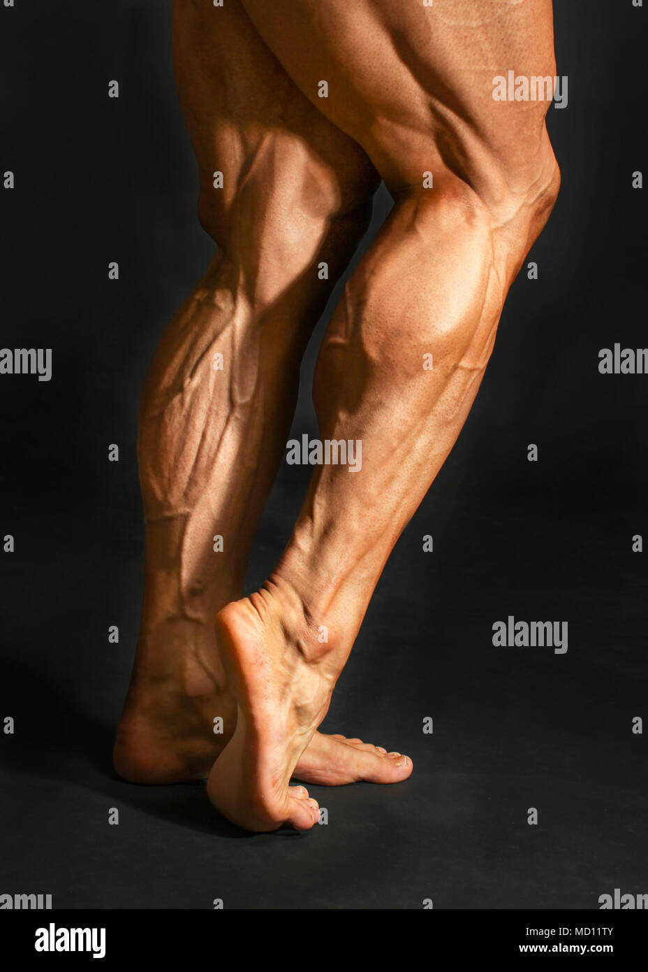 Détail de male bodybuilder de l'arrière de la jambe mollets sur fond noir. Le gastrocnémien et le soléaire. Banque D'Images