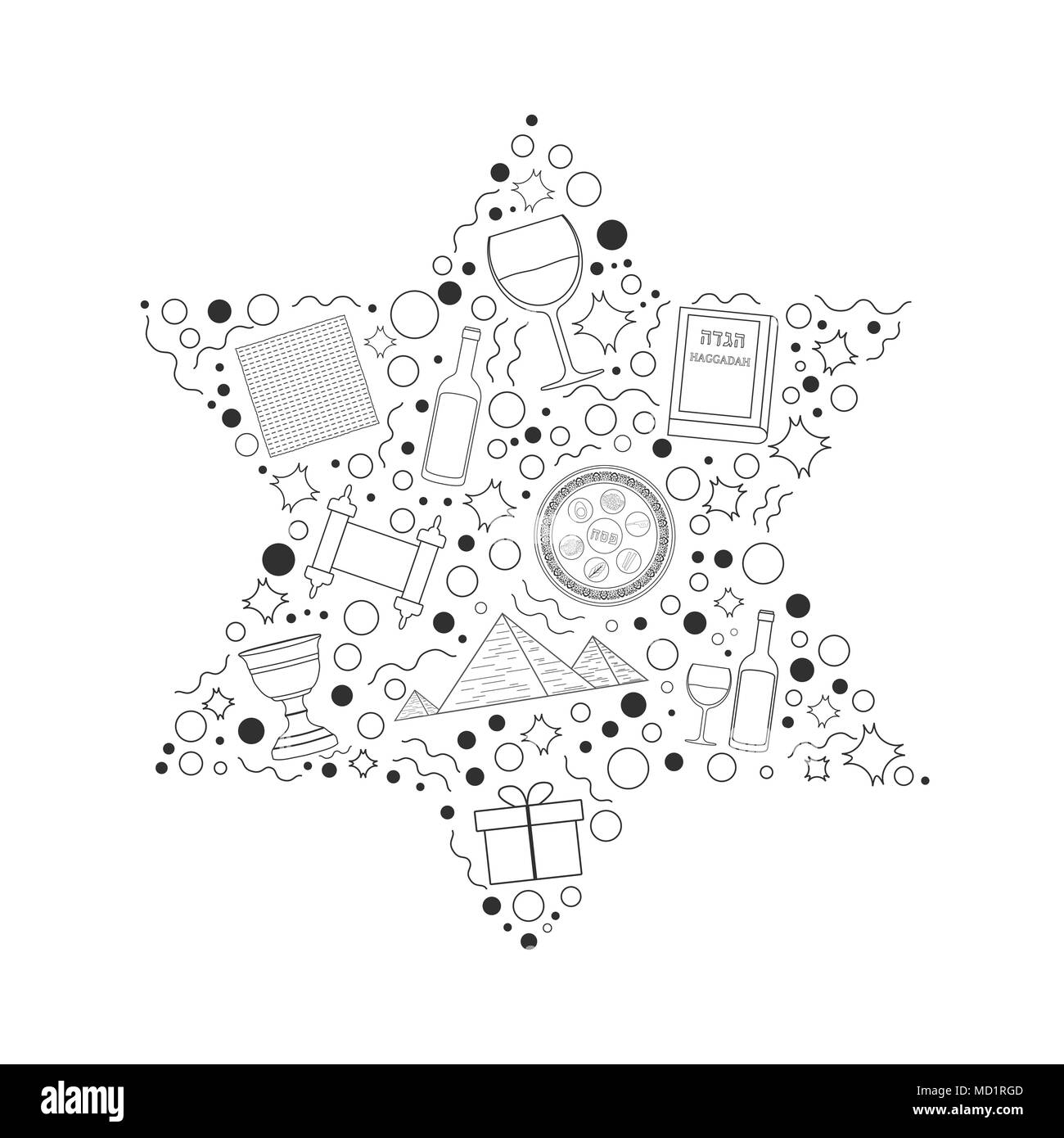 Appartement de vacances de Pâque fine ligne noire design icons set dans l'étoile de David. Illustration de Vecteur