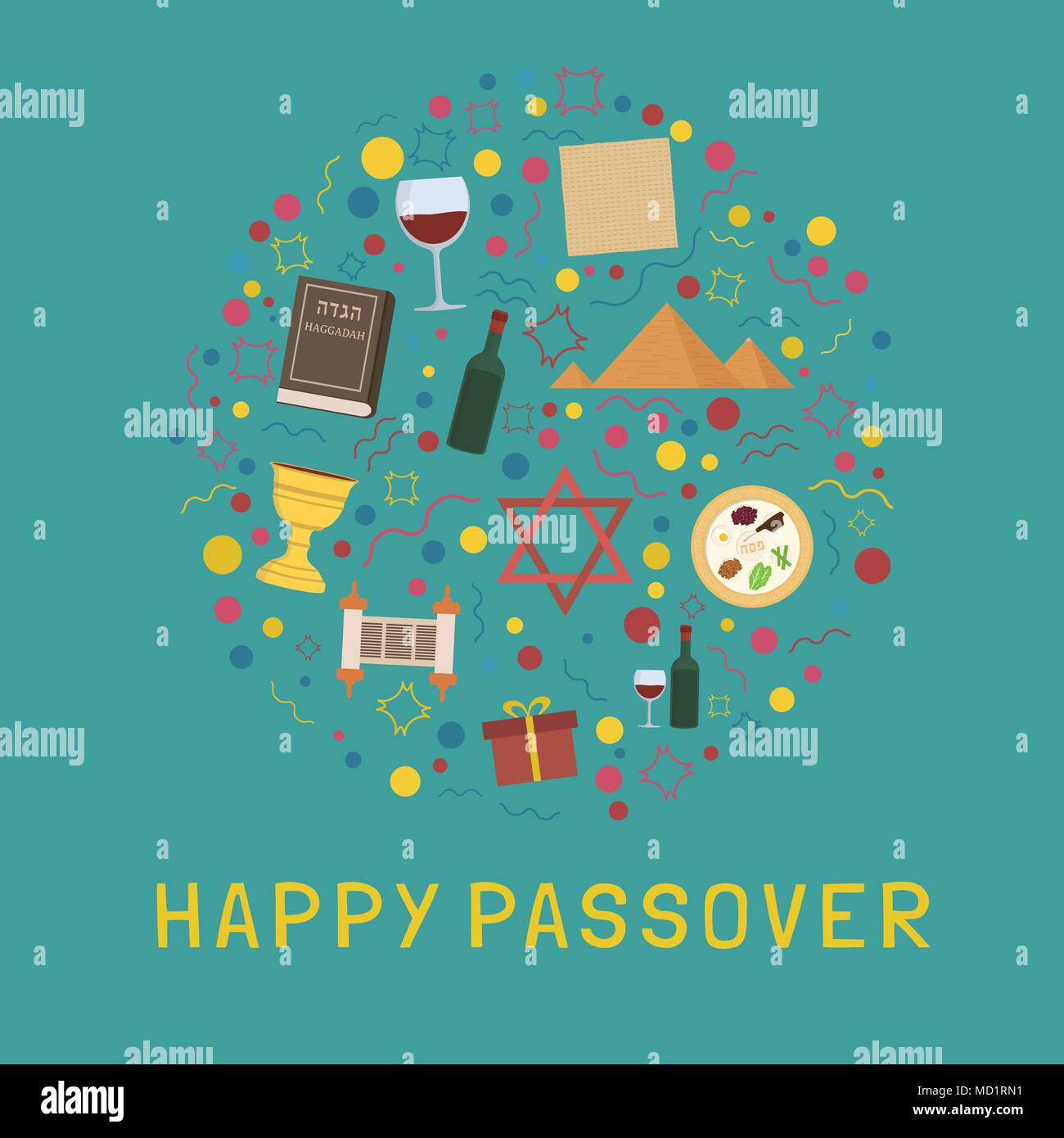 Appartement de vacances de Pâque icônes de design situé dans la forme ronde avec texte en anglais 'Happy Passover". Illustration de Vecteur