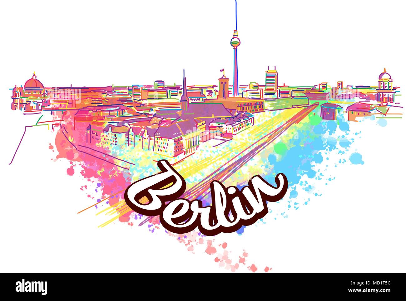 Toits de Berlin Art Dessin Concept. Hand drawn vector illustration. Voyage dans le monde de l'image concept de marketing numérique et l'impression de l'affiche. Illustration de Vecteur