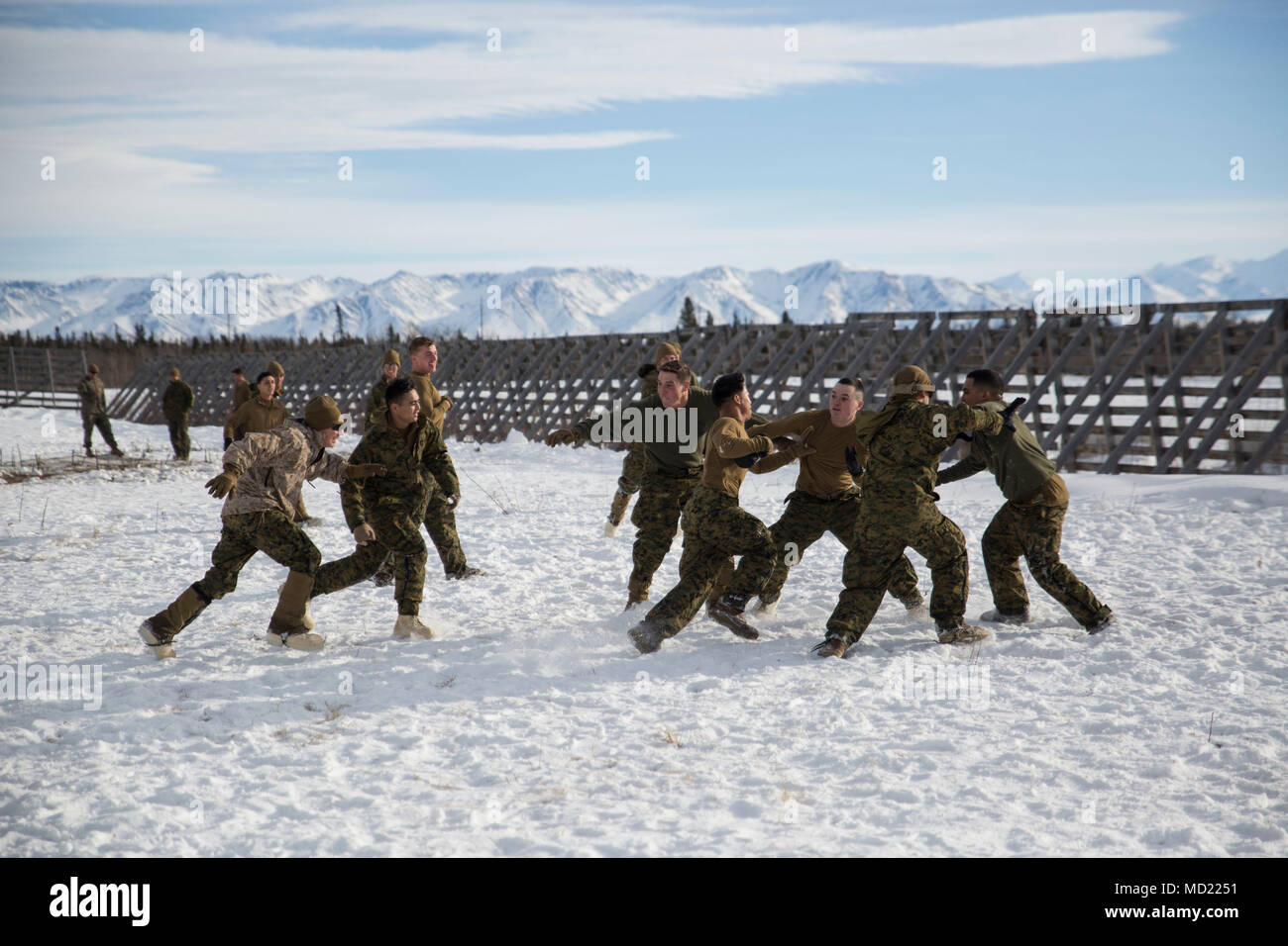 Marines avec la Force Arctic Edge construire la cohésion de l'unité par un match de foot à Fort Greely, en Alaska, au cours de l'exercice Arctic Edge 18, 12 mars 2018. Arctic Edge 18 est une bi, à grande échelle, de l'exercice de formation qui prépare et teste la capacité de l'armée américaine pour l'exploitation dans le plan tactique par temps froid extrême conditions trouvées dans les milieux arctiques avec plus de 1500 participants de l'Armée de l'air, de l'armée, de la Garde côtière, Marine Corps, et de la marine en utilisant l'unique et grand air et de la terre dans les zones de formation de l'Alaska. (U.s. Marine Corps photo par le Sgt. Brianna Gaudi) Banque D'Images