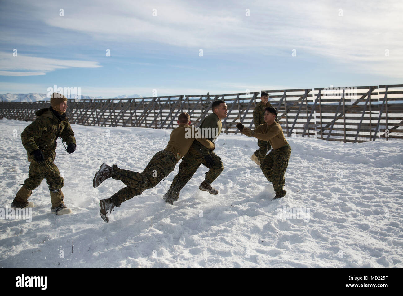 Marines avec la Force Arctic Edge construire la cohésion de l'unité par un match de foot à Fort Greely, en Alaska, au cours de l'exercice Arctic Edge 18, 12 mars 2018. Arctic Edge 18 est une bi, à grande échelle, de l'exercice de formation qui prépare et teste la capacité de l'armée américaine pour l'exploitation dans le plan tactique par temps froid extrême conditions trouvées dans les milieux arctiques avec plus de 1500 participants de l'Armée de l'air, de l'armée, de la Garde côtière, Marine Corps, et de la marine en utilisant l'unique et grand air et de la terre dans les zones de formation de l'Alaska. (U.s. Marine Corps photo par le Sgt. Brianna Gaudi) Banque D'Images