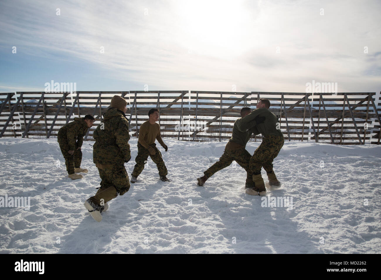 Marines avec la Force Arctic Edge construire la cohésion de l'unité par un match de foot à Fort Greely, en Alaska, au cours de l'exercice Arctic Edge 18, 12 mars 2018. Arctic Edge 18 est une bi, à grande échelle, de l'exercice de formation qui prépare et teste la capacité de l'armée américaine pour l'exploitation dans le plan tactique par temps froid extrême conditions trouvées dans les milieux arctiques avec plus de 1500 participants de l'Armée de l'air, de l'armée, de la Garde côtière, Marine Corps, et de la marine en utilisant l'unique et grand air et de la terre dans les zones de formation de l'Alaska. (U.s. Marine Corps photo par le Sgt. Brianna Gaudi) Banque D'Images