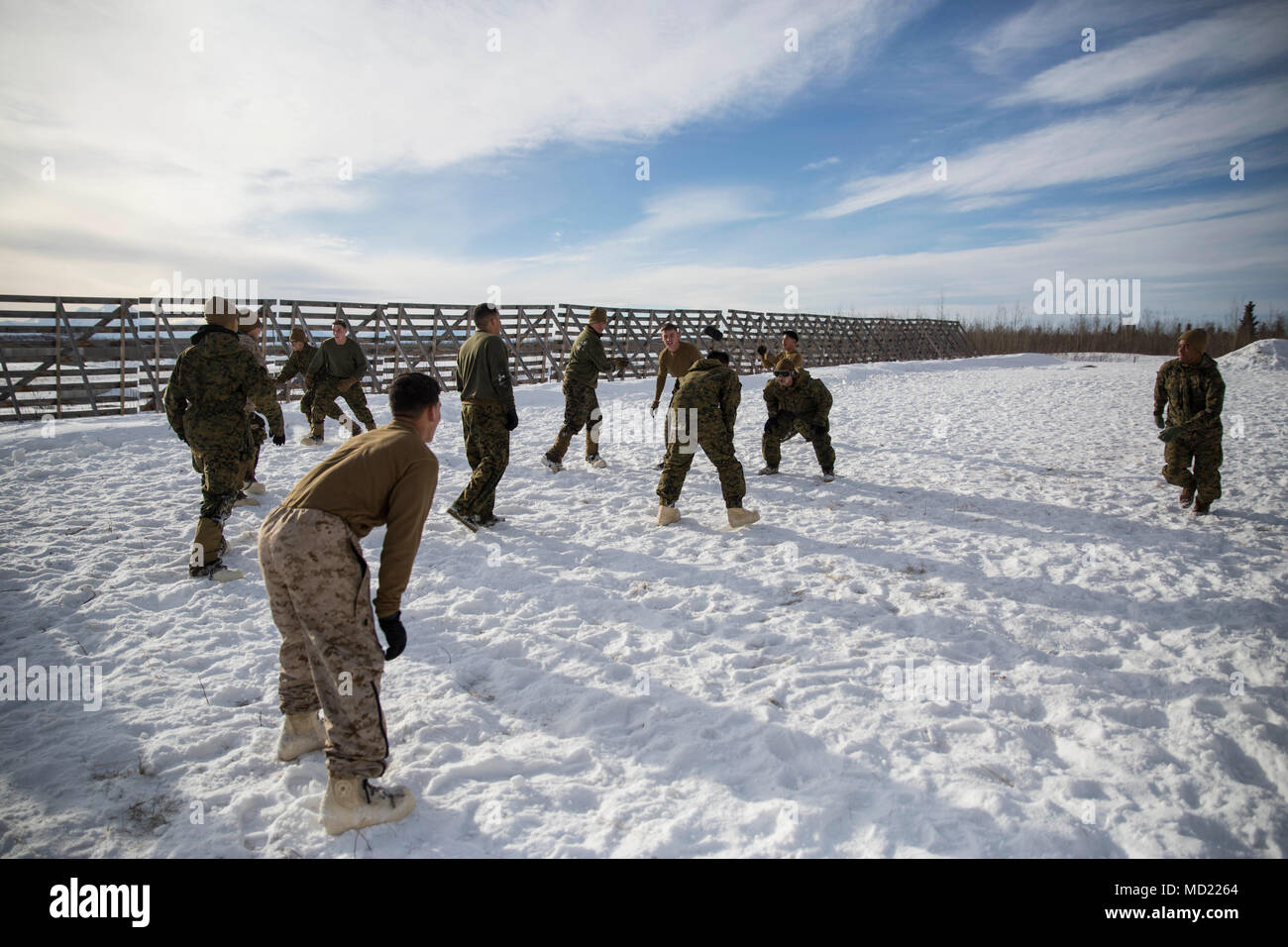 Marines avec la Force Arctic Edge construire la cohésion de l'unité par un match de foot à Fort Greely, en Alaska, au cours de l'exercice Arctic Edge 18, 12 mars 2018. Arctic Edge 18 est une bi, à grande échelle, de l'exercice de formation qui prépare et teste la capacité de l'armée américaine pour l'exploitation dans le plan tactique par temps froid extrême conditions trouvées dans les milieux arctiques avec plus de 1500 participants de l'Armée de l'air, de l'armée, de la Garde côtière, Marine Corps, et de la marine en utilisant l'unique et grand air et de la terre dans les zones de formation de l'Alaska. (U.s. Marine Corps photo par le Sgt. Brianna Gaudi) Banque D'Images