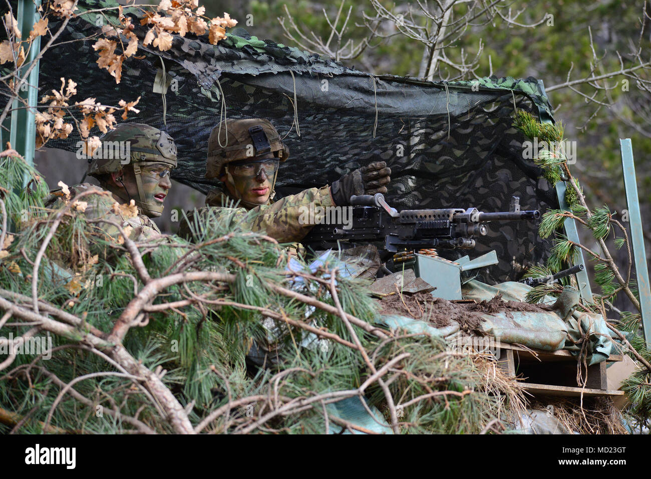 Le colonel James Bartholomees III, commandant de la 173e Brigade aéroportée, des entretiens avec un parachutiste de l'armée américaine, affecté à la 173e Bataillon de soutien de la Brigade, 173e Brigade aéroportée, au cours d'un exercice de tir réel dans le cadre du Lipizzan IV à Postonja Pocek en gamme, Slovénie, 13 mars 2018. Lipizzan est une combinaison d'exercice de formation de niveau d'exécution en préparation de l'évaluation de peloton, et de valider les procédures de déploiement au niveau du bataillon. La 173e Brigade aéroportée de l'armée américaine est la force de réaction d'urgence en Europe, capables de projeter des forces n'importe où aux États-Unis, d'Europe centrale ou de l'Afrique Banque D'Images