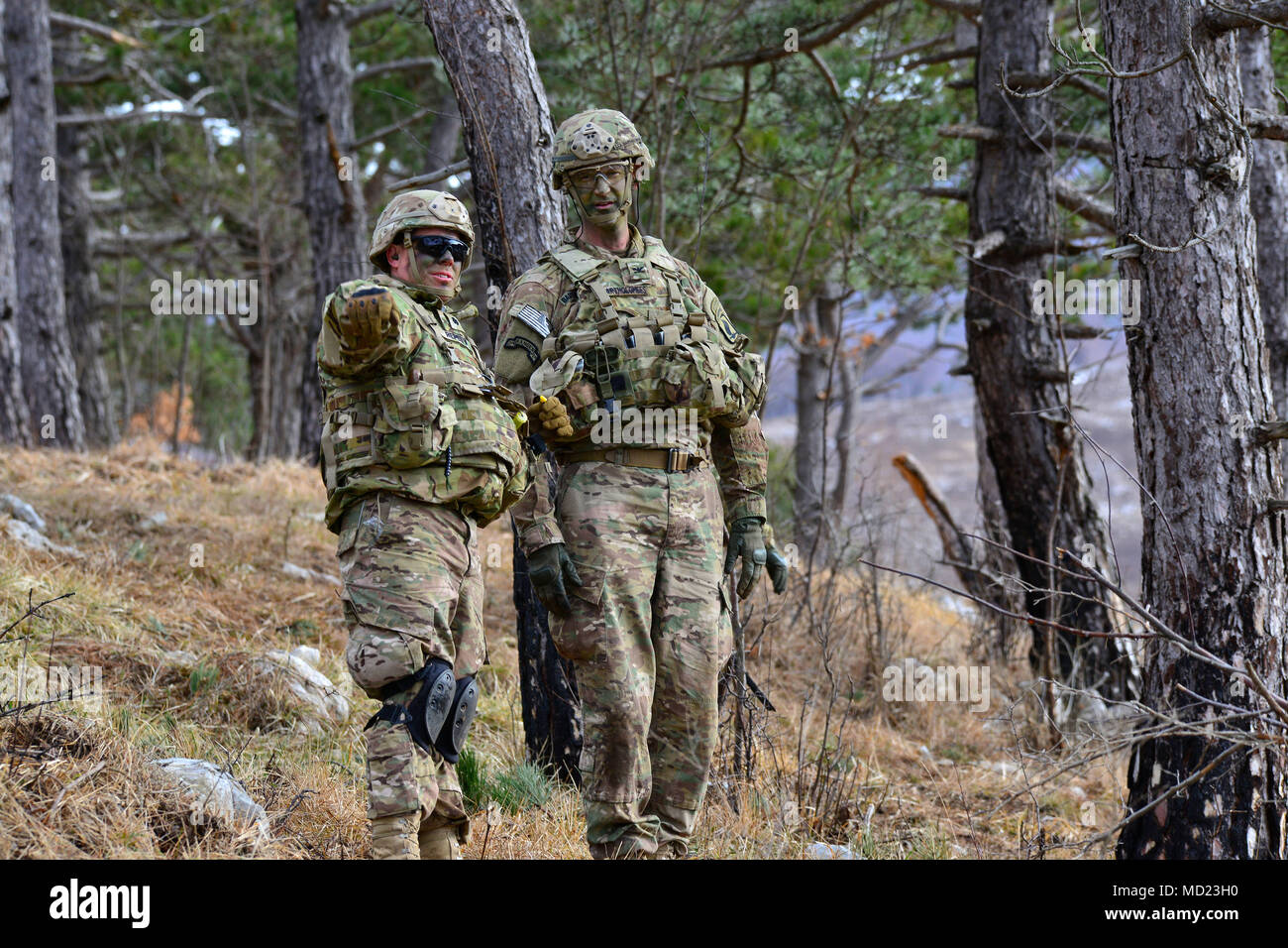 Le Lieutenant-colonel de l'armée américaine Christopher W. Baker, commandant du 173e Bataillon de soutien de la Brigade, 173e Brigade aéroportée, explique l'exercice IV Lipizzan au colonel James Bartholomees III, commandant de la 173e Brigade aéroportée, durant une partie de sa visite à la brigade à Pocek Postonja en gamme, Slovénie, 13 mars 2018. Lipizzan est une combinaison d'exercice de formation de niveau d'exécution en préparation de l'évaluation de peloton, et de valider les procédures de déploiement au niveau du bataillon. La 173e Brigade aéroportée de l'armée américaine est la force de réaction d'urgence en Europe, capables de projeter des forces n'importe où aux États-Unis Zone euro Banque D'Images