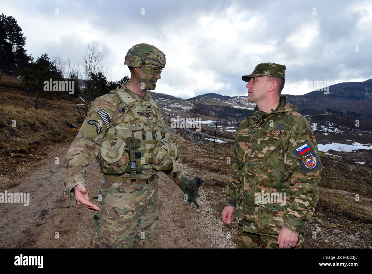 Le colonel James Bartholomees III, commandant de la 173e Brigade aéroportée, parle avec le Capt Davorin Volgemut, forces armées slovènes, dans le cadre d'une visite à la brigade lors de l'exercice Lipizzan IV à Postonja Pocek en gamme, Slovénie, 13 mars 2018. Lipizzan est une combinaison d'exercice de formation de niveau d'exécution en préparation de l'évaluation de peloton, et de valider les procédures de déploiement au niveau du bataillon. La 173e Brigade aéroportée de l'armée américaine est la force de réaction d'urgence en Europe, capables de projeter des forces n'importe où aux États-Unis, d'Europe centrale ou de l'Afrique des commandes de domaines de responsabilité. (U.S Banque D'Images