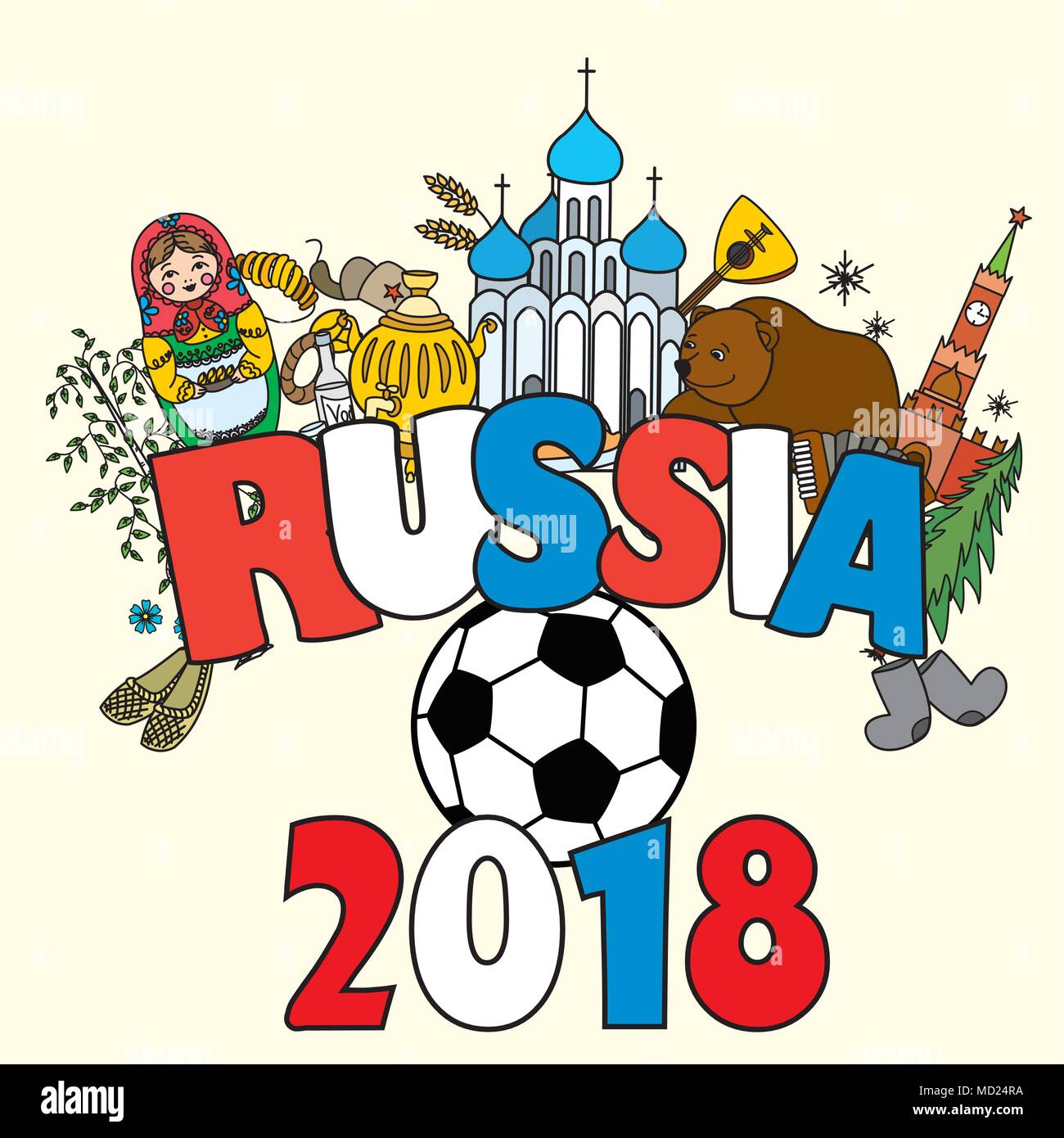 La Russie en 2018. Fédération de Russie, les symboles, les traditions russes et la balle. Vector illustration. Illustration de Vecteur