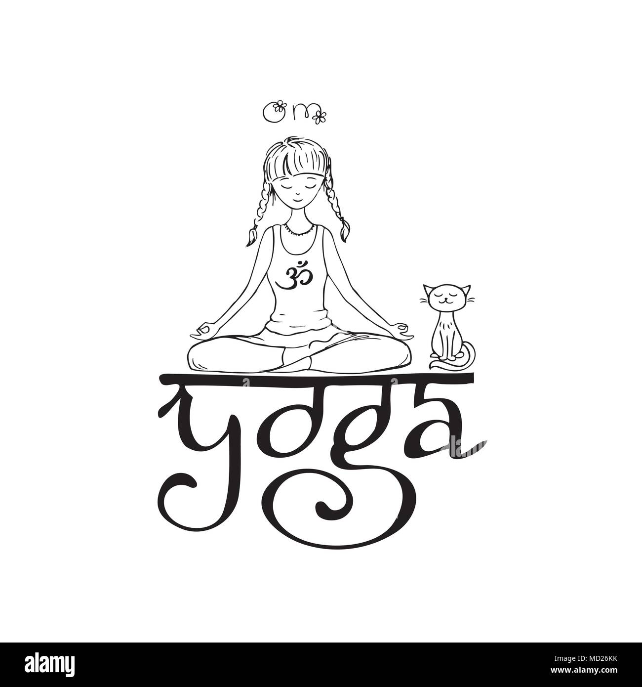 Girl in lotus pose. Doodle hand drawn vector illustration.logo, icône ou carte pour la vie en bonne santé, sport, fitness, pilates et yoga club. Smiling fac Illustration de Vecteur