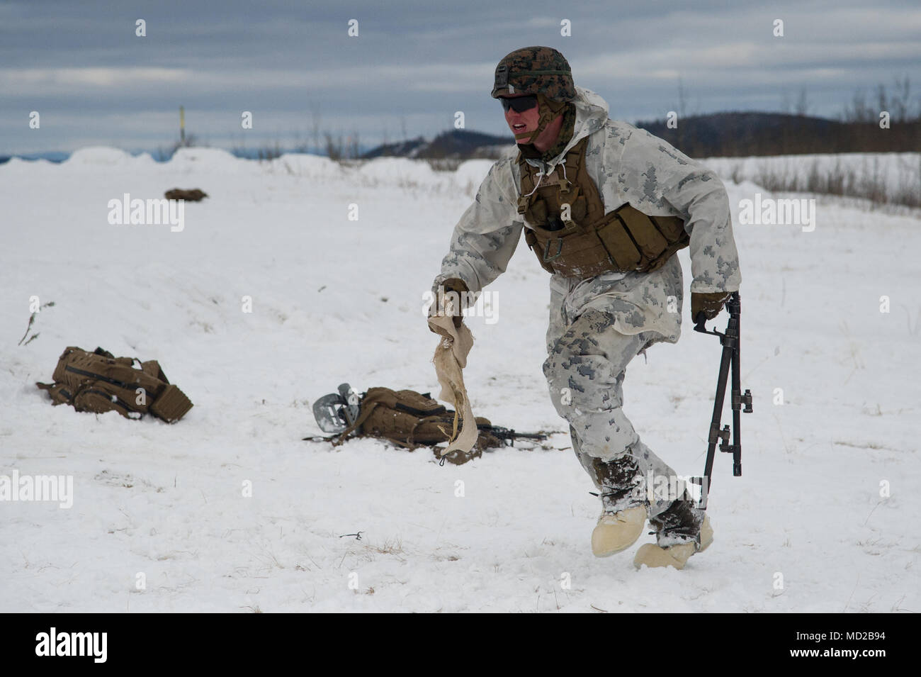 Un U.S. Marine avec la compagnie Kilo, 3e Bataillon, 8e Régiment de Marines, participe à un exercice d'entraînement à Fort Greely, en Alaska, le 15 mars, dans le cadre de l'armée américaine dirigée par l'Alaska de la composante terrestre de la Force conjointe à l'appui de la commande de l'Alaska l'exercice Arctic Edge 18 menée sous l'autorité du Commandement du Nord des États-Unis. Arctic Edge 2018 est un exercice biennal, à grande échelle, de l'exercice de formation qui prépare et teste la capacité de l'armée américaine à exploiter tactiquement dans le froid extrême-conditions météo trouvés dans les milieux arctiques. (U.S. Photo de l'Armée de l'air par le capitaine Virginie Lang) Banque D'Images