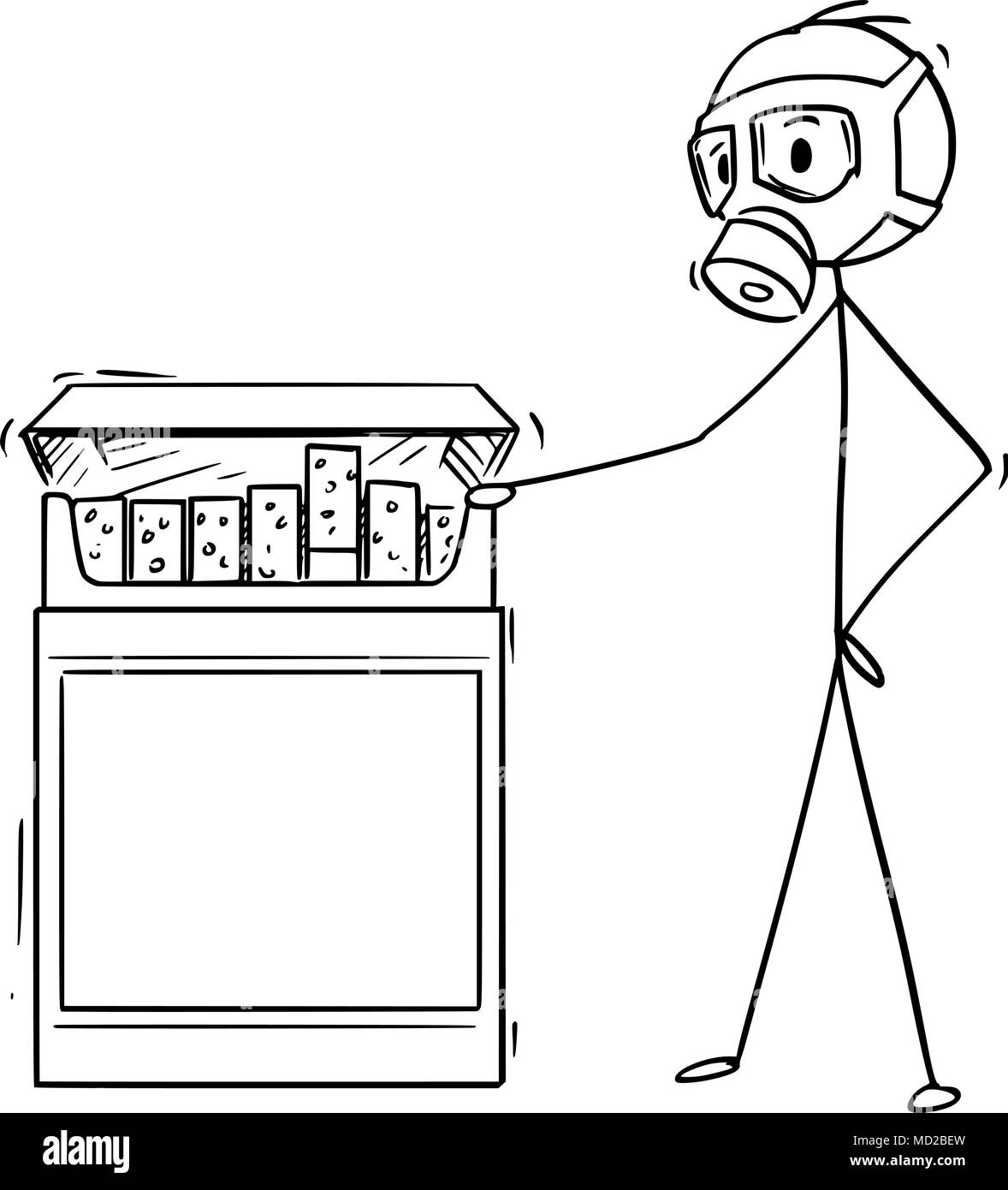 Caricature de l'homme dans le masque à gaz à la recherche de Big Box de cigarettes Illustration de Vecteur