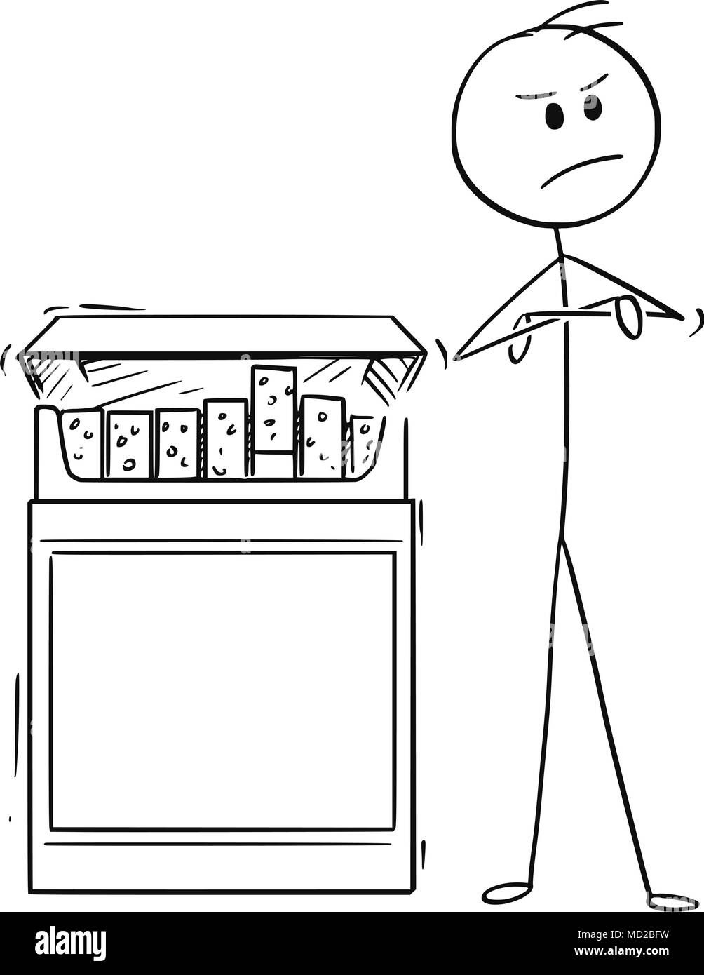 Caricature de l'homme avec les bras croisés rejetant grande boîte de cigarettes Illustration de Vecteur