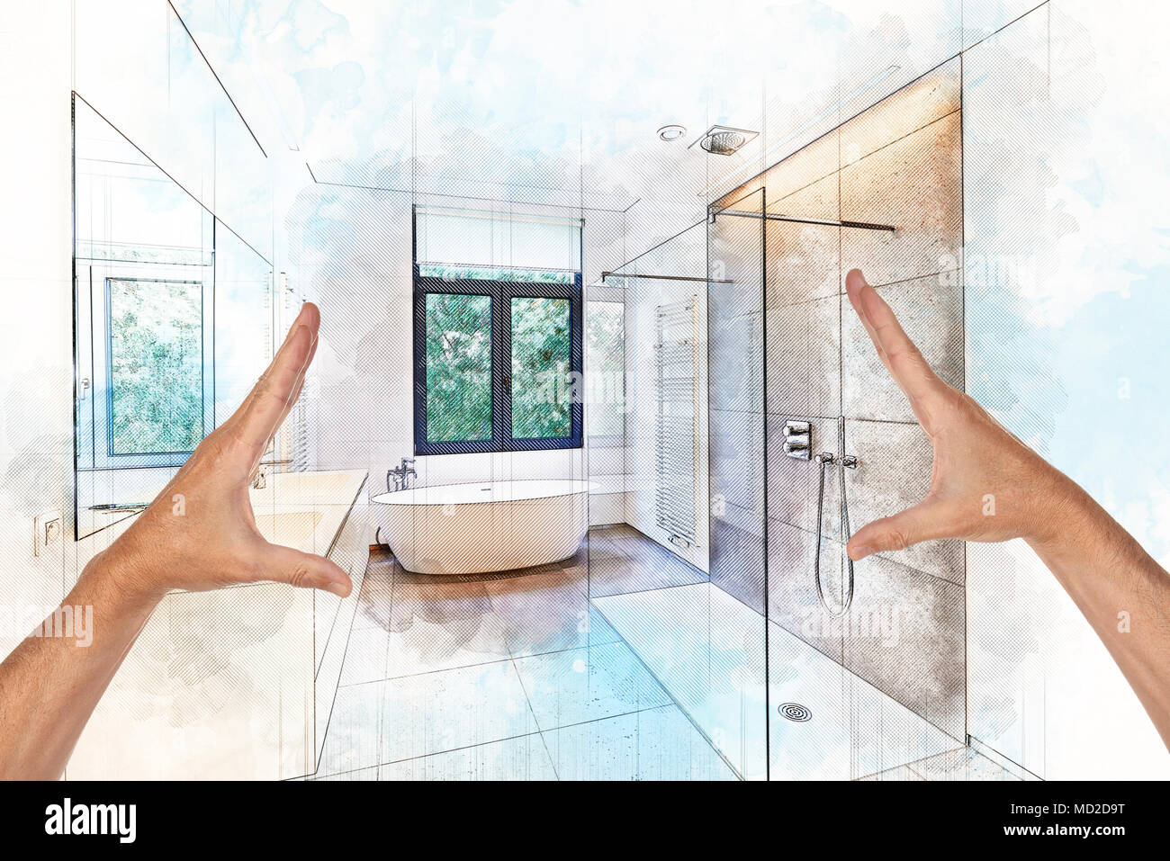 Illustration croquis de rêve d'une baignoire en corian, robinet et douche  dans salle de bains carrelée avec jardin vers windows Photo Stock - Alamy