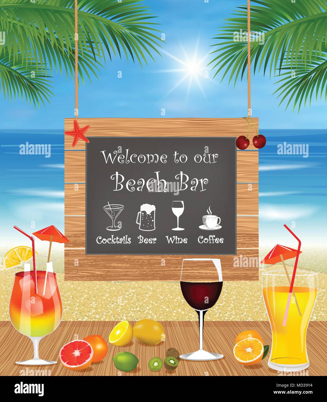 Vacances d'été sur la plage.Tropical Beach bar avec un cocktail exotique, fruits frais et de palmiers. Menu Drink Bar Illustration de Vecteur