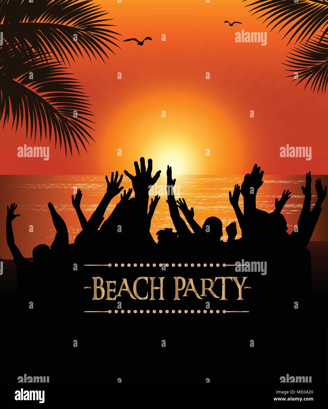 Summer Beach Party Flyer Tropical Beach au coucher du soleil. Illustration de Vecteur