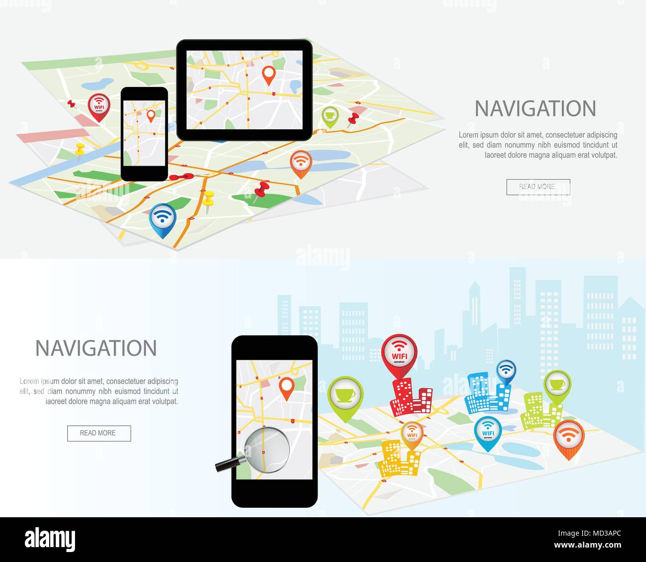 Concept de la navigation mobile. Ensemble moderne de concepts design plat avec plan de ville de navigation GPS sur smartphone et tablette écran. Si web bannière web Concepts Illustration de Vecteur