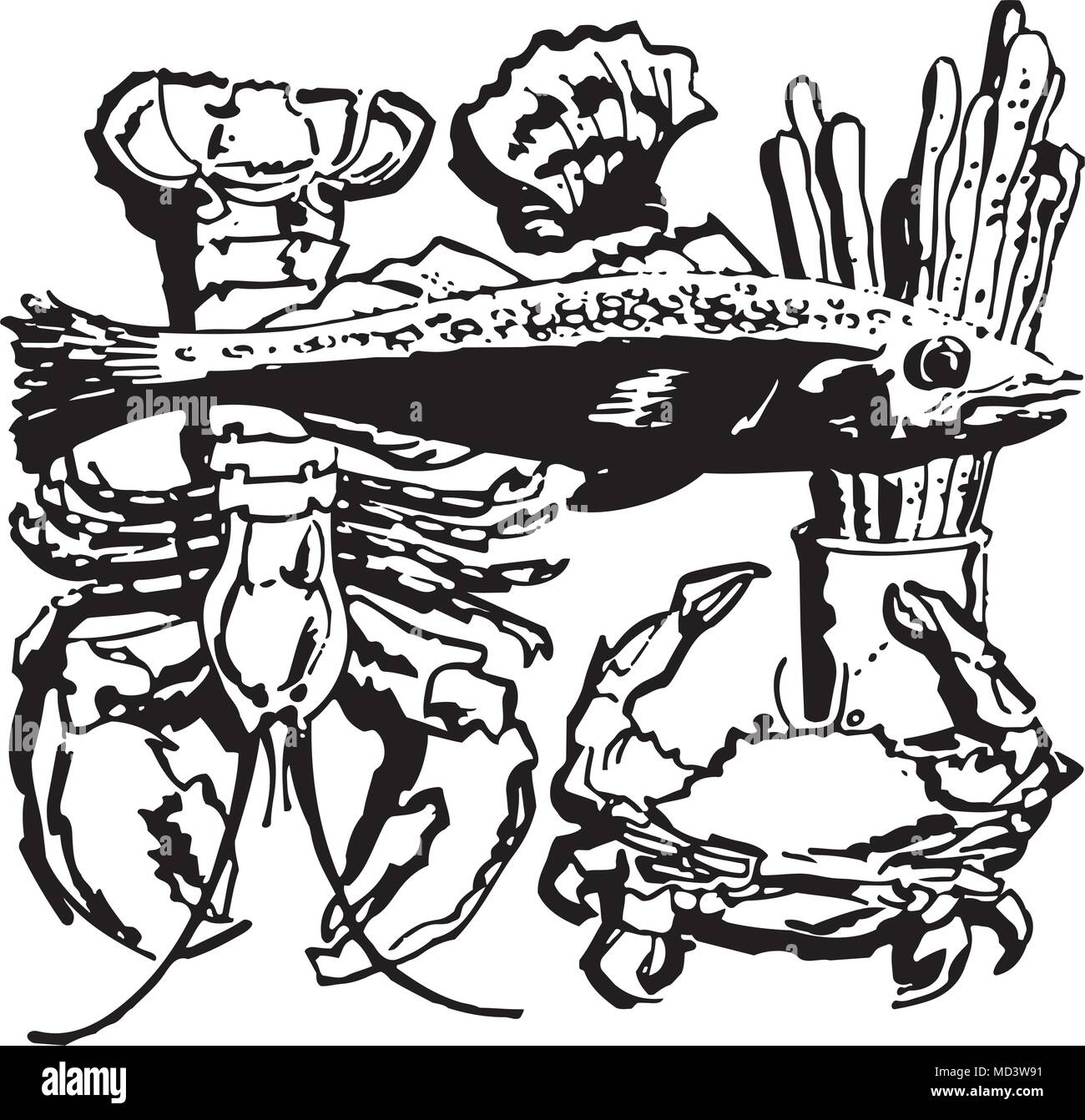 Un assortiment de fruits de mer - Retro Illustration Art Ad Illustration de Vecteur