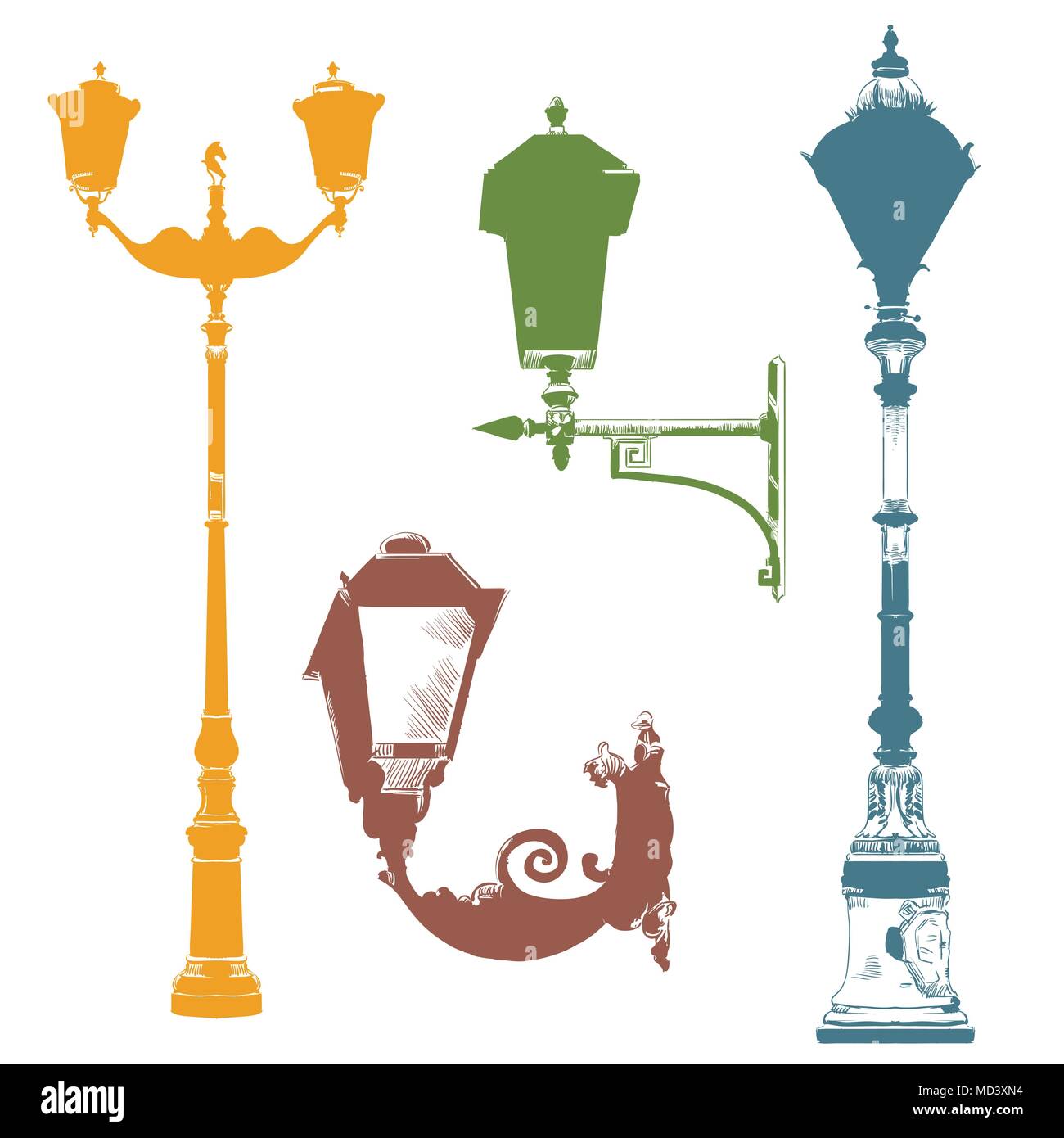 Ensemble de lanternes anciennes illustration vectorielles dessin à la main en différentes couleurs sur fond blanc. Partie 4 Illustration de Vecteur