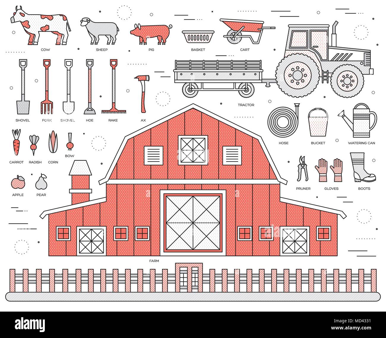 Ferme biologique à l'ensemble du village et la tuile en lignes fines style design. Les instruments, fleurs, légumes, fruits, foin, bâtiment de ferme, les animaux, le tracteur, des outils, des vêtements. Illustrations vectorielles concept d'arrière-plan Illustration de Vecteur