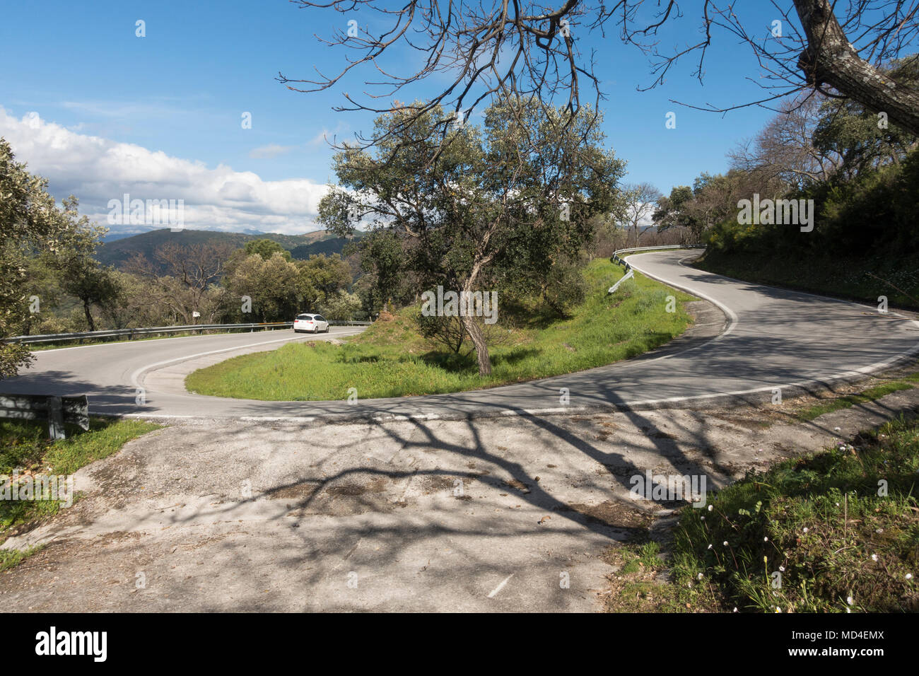 Virage en épingle, route sinueuse à travers la campagne espagnole, avec voiture blanche, Andalousie, espagne. Banque D'Images
