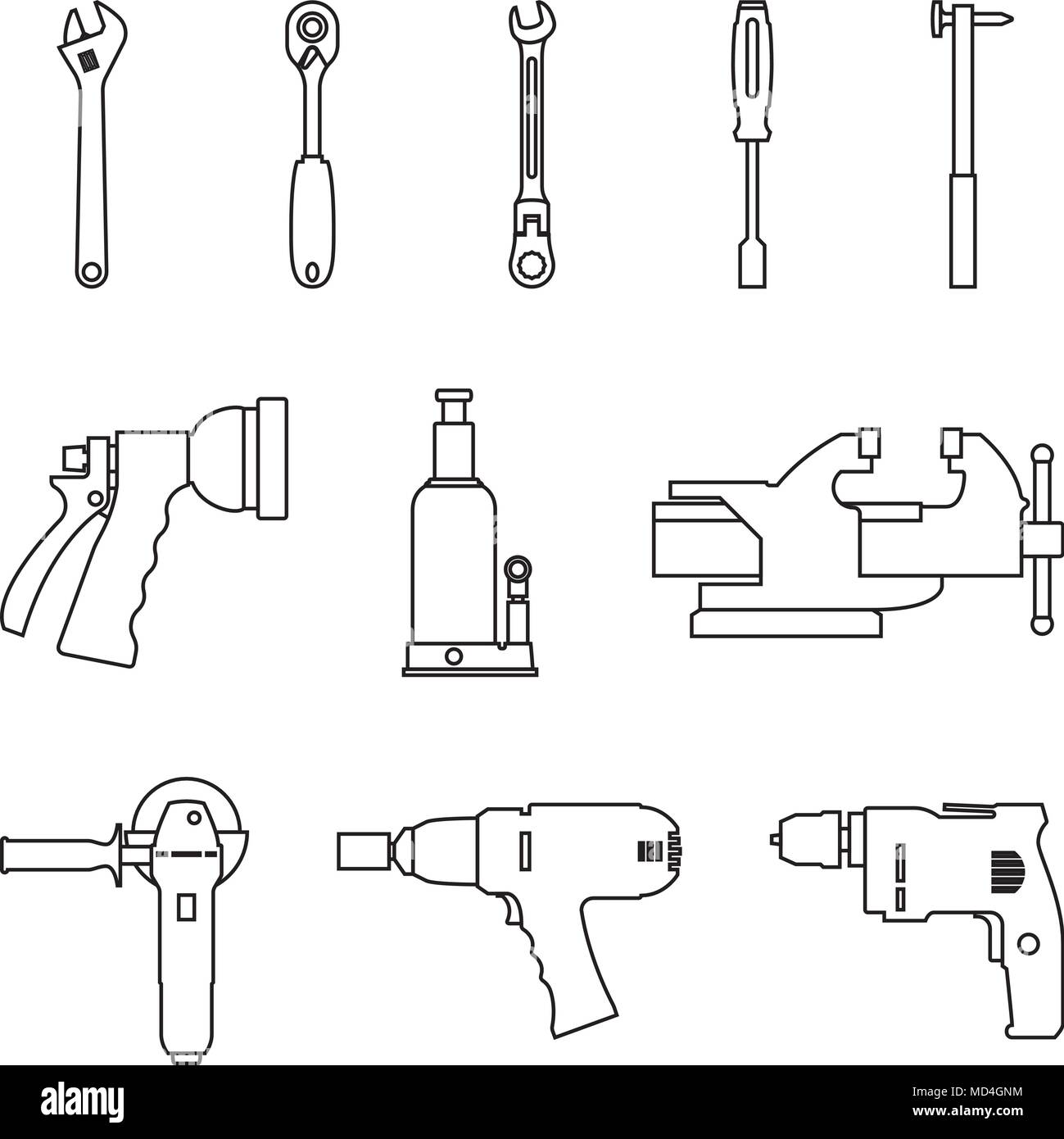 Les outils électriques et d'outils à main pour la réparation et la fabrication. Fine ligne vectorielle Illustration de Vecteur