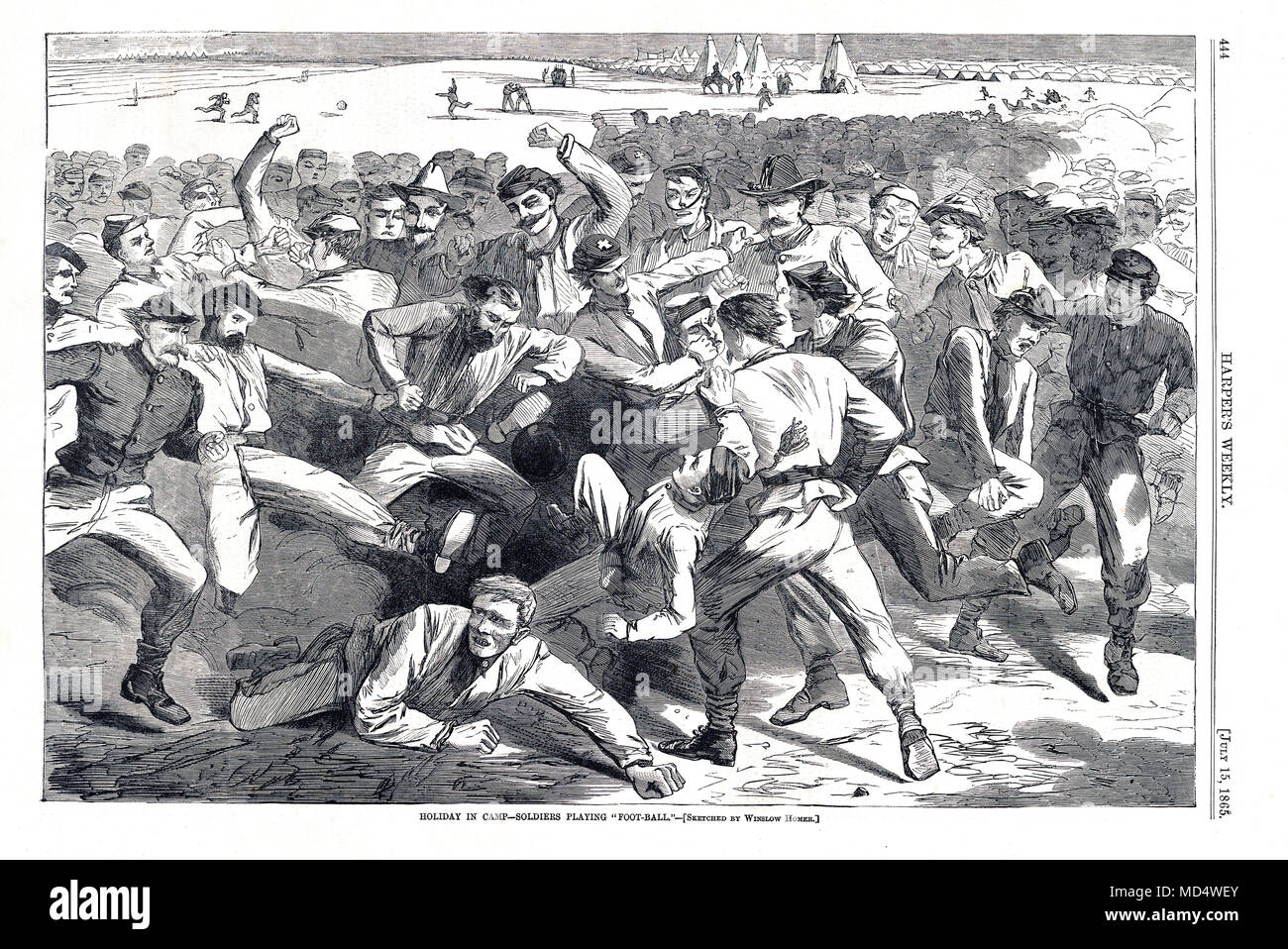 Mob nous Football, 1865 gravure à Harpers Weekly de soldats au camp de jouer un jeu de football, un précurseur du rugby, football américain et de soccer avec apparemment peu d'organisation et peu de règles Banque D'Images