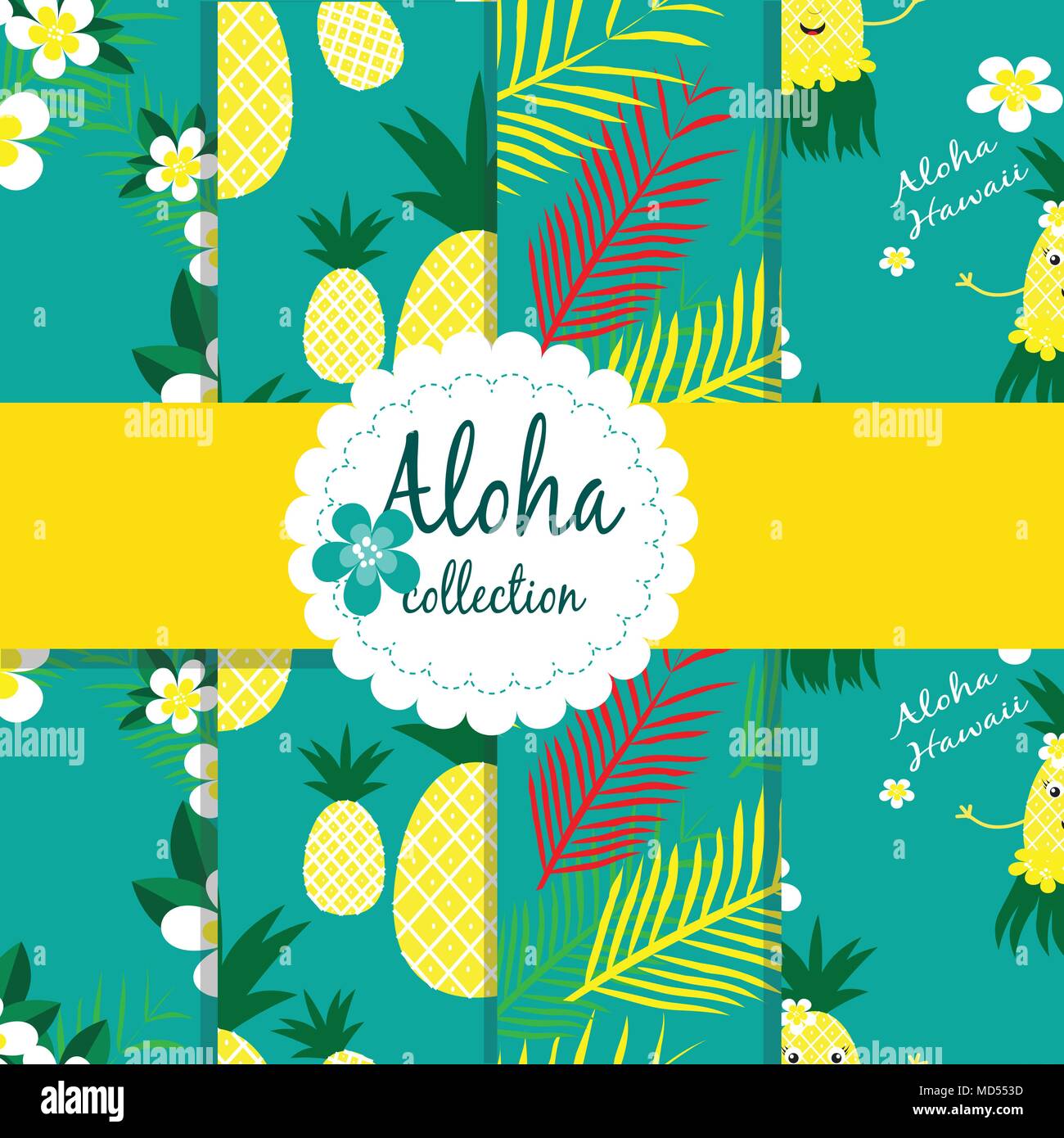 Des fleurs tropicales , feuilles de palmier. L'ananas sur l'arrière-plan. Une collection de motifs vectoriels. Illustration de Vecteur