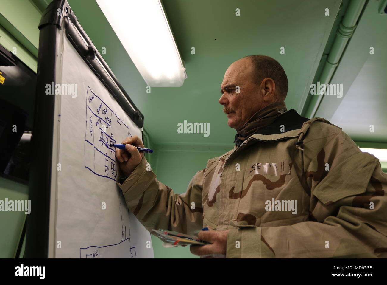 Le Sgt. Le major David Hanlon, le sergent-major des opérations de soutien avec le soutien de la Force expéditionnaire du 364e Commandement, crée une mise au Centre d'opérations tactiques Saut Coyote dans Fort Knox, Ky., 22 mars 2018, au cours de la situation d'exercice de formation combinée - pont. Le saut TOC a démontré la capacité de l'ESC 364d'effectuer les opérations de maintien d'un environnement mobile. Banque D'Images